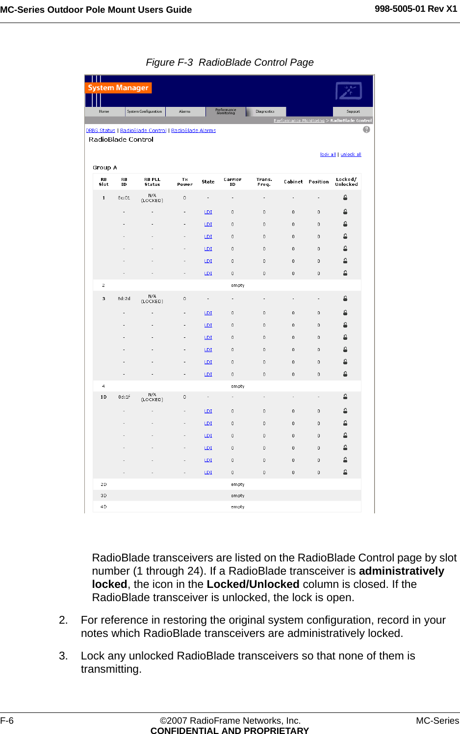 MC-Series Outdoor Pole Mount Users Guide 998-5005-01 Rev X1F-6 ©2007 RadioFrame Networks, Inc. MC-SeriesCONFIDENTIAL AND PROPRIETARYFigure F-3  RadioBlade Control Page RadioBlade transceivers are listed on the RadioBlade Control page by slot number (1 through 24). If a RadioBlade transceiver is administratively locked, the icon in the Locked/Unlocked column is closed. If the RadioBlade transceiver is unlocked, the lock is open.2. For reference in restoring the original system configuration, record in your notes which RadioBlade transceivers are administratively locked.3. Lock any unlocked RadioBlade transceivers so that none of them is transmitting. 
