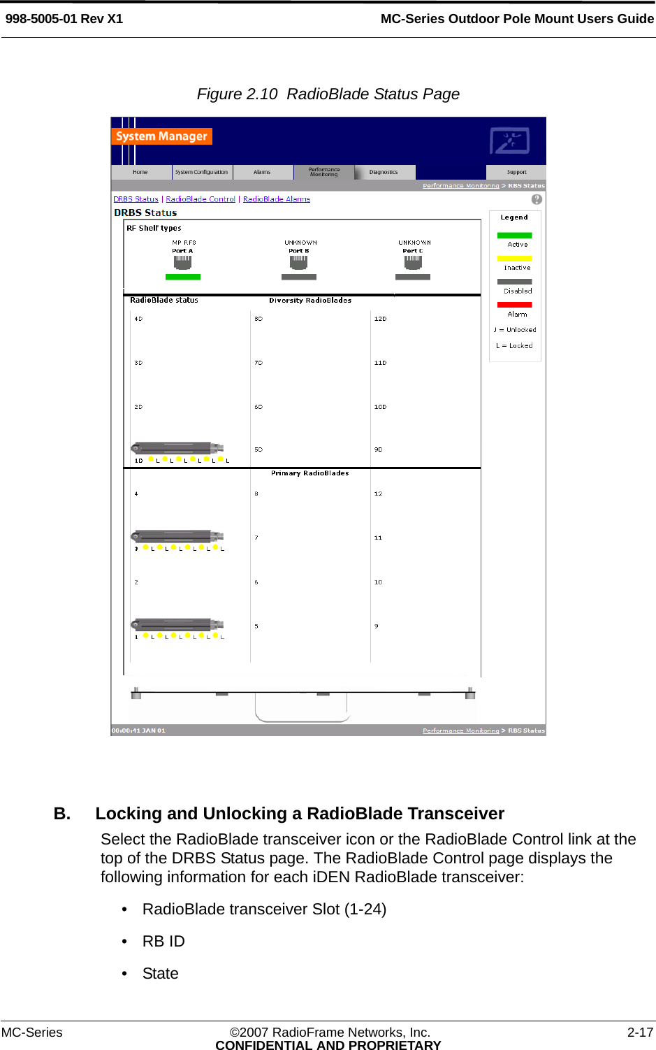 MC-Series Outdoor Pole Mount Users Guide998-5005-01 Rev X1MC-Series ©2007 RadioFrame Networks, Inc. 2-17CONFIDENTIAL AND PROPRIETARYFigure 2.10  RadioBlade Status Page B. Locking and Unlocking a RadioBlade TransceiverSelect the RadioBlade transceiver icon or the RadioBlade Control link at the top of the DRBS Status page. The RadioBlade Control page displays the following information for each iDEN RadioBlade transceiver:• RadioBlade transceiver Slot (1-24)•RB ID•State