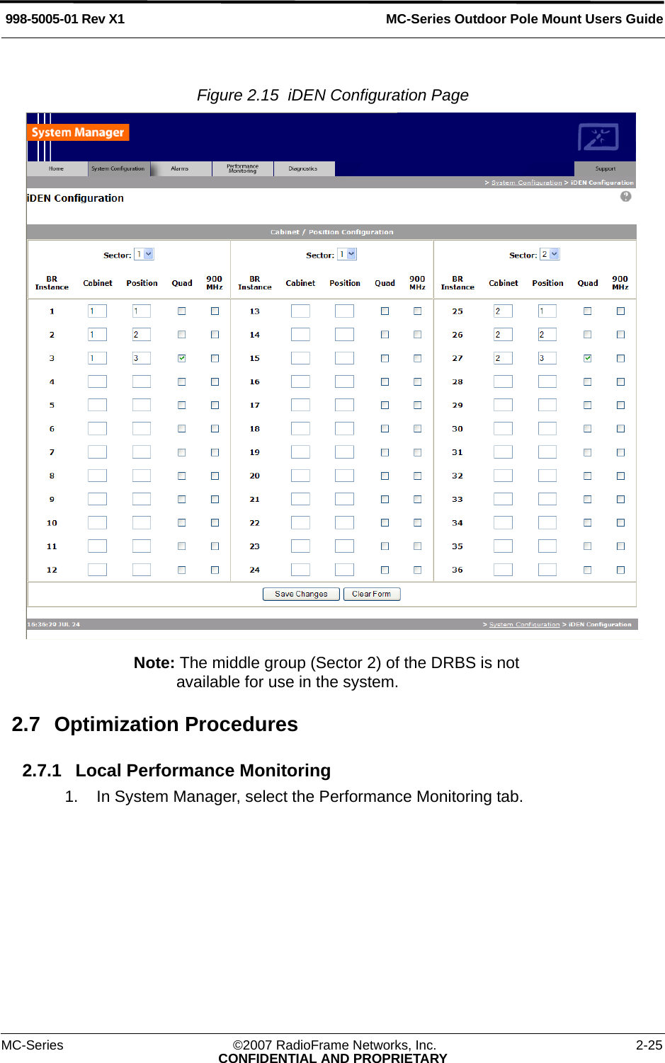 MC-Series Outdoor Pole Mount Users Guide998-5005-01 Rev X1MC-Series ©2007 RadioFrame Networks, Inc. 2-25CONFIDENTIAL AND PROPRIETARYFigure 2.15  iDEN Configuration Page Note: The middle group (Sector 2) of the DRBS is not available for use in the system.2.7 Optimization Procedures2.7.1 Local Performance Monitoring1. In System Manager, select the Performance Monitoring tab.