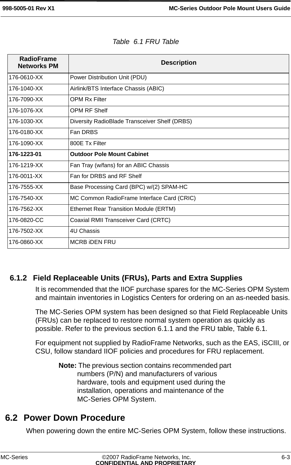MC-Series Outdoor Pole Mount Users Guide998-5005-01 Rev X1MC-Series ©2007 RadioFrame Networks, Inc. 6-3CONFIDENTIAL AND PROPRIETARYTable  6.1 FRU Table  6.1.2 Field Replaceable Units (FRUs), Parts and Extra SuppliesIt is recommended that the IIOF purchase spares for the MC-Series OPM System and maintain inventories in Logistics Centers for ordering on an as-needed basis.The MC-Series OPM system has been designed so that Field Replaceable Units (FRUs) can be replaced to restore normal system operation as quickly as possible. Refer to the previous section 6.1.1 and the FRU table, Table 6.1. For equipment not supplied by RadioFrame Networks, such as the EAS, iSCIII, or CSU, follow standard IIOF policies and procedures for FRU replacement. Note: The previous section contains recommended part numbers (P/N) and manufacturers of various hardware, tools and equipment used during the installation, operations and maintenance of the MC-Series OPM System. 6.2 Power Down ProcedureWhen powering down the entire MC-Series OPM System, follow these instructions.RadioFrame Networks PM Description176-0610-XX Power Distribution Unit (PDU)176-1040-XX Airlink/BTS Interface Chassis (ABIC)176-7090-XX OPM Rx Filter176-1076-XX OPM RF Shelf176-1030-XX Diversity RadioBlade Transceiver Shelf (DRBS)176-0180-XX Fan DRBS176-1090-XX 800E Tx Filter176-1223-01 Outdoor Pole Mount Cabinet176-1219-XX Fan Tray (w/fans) for an ABIC Chassis176-0011-XX Fan for DRBS and RF Shelf176-7555-XX Base Processing Card (BPC) w/(2) SPAM-HC176-7540-XX MC Common RadioFrame Interface Card (CRIC)176-7562-XX Ethernet Rear Transition Module (ERTM)176-0820-CC Coaxial RMII Transceiver Card (CRTC)176-7502-XX 4U Chassis176-0860-XX MCRB iDEN FRU