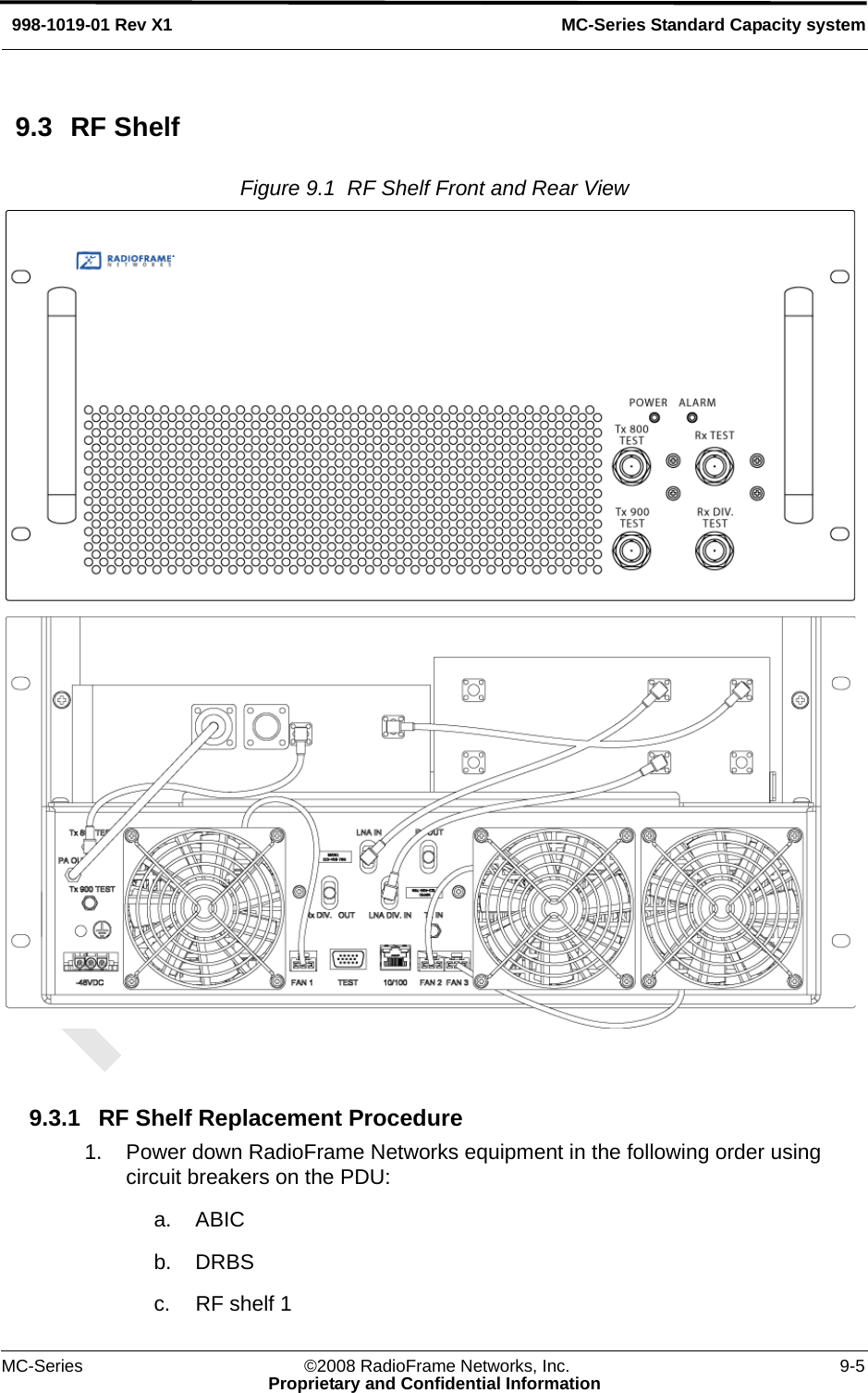 MC-Series ©2008 RadioFrame Networks, Inc. 9-5Proprietary and Confidential InformationMC-Series Standard Capacity system998-1019-01 Rev X19.3 RF ShelfFigure 9.1  RF Shelf Front and Rear View 9.3.1 RF Shelf Replacement Procedure1. Power down RadioFrame Networks equipment in the following order using circuit breakers on the PDU:a. ABICb. DRBS c. RF shelf 1