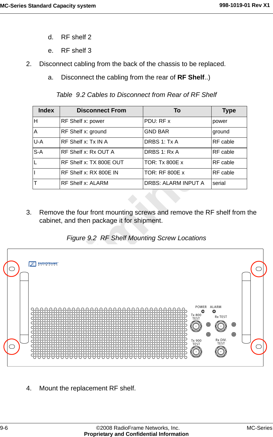 MC-Series Standard Capacity system 998-1019-01 Rev X19-6 ©2008 RadioFrame Networks, Inc. MC-SeriesProprietary and Confidential Informationd. RF shelf 2e. RF shelf 32. Disconnect cabling from the back of the chassis to be replaced.a. Disconnect the cabling from the rear of RF Shelf..) Table  9.2 Cables to Disconnect from Rear of RF Shelf  3. Remove the four front mounting screws and remove the RF shelf from the cabinet, and then package it for shipment. Figure 9.2  RF Shelf Mounting Screw Locations 4. Mount the replacement RF shelf. Index Disconnect From To TypeHRF Shelf x: power PDU: RF x powerARF Shelf x: ground GND BAR groundU-A RF Shelf x: Tx IN A  DRBS 1: Tx A RF cableS-A RF Shelf x: Rx OUT A  DRBS 1: Rx A RF cableLRF Shelf x: TX 800E OUT TOR: Tx 800E x RF cableIRF Shelf x: RX 800E IN TOR: RF 800E x RF cableTRF Shelf x: ALARM DRBS: ALARM INPUT A serial