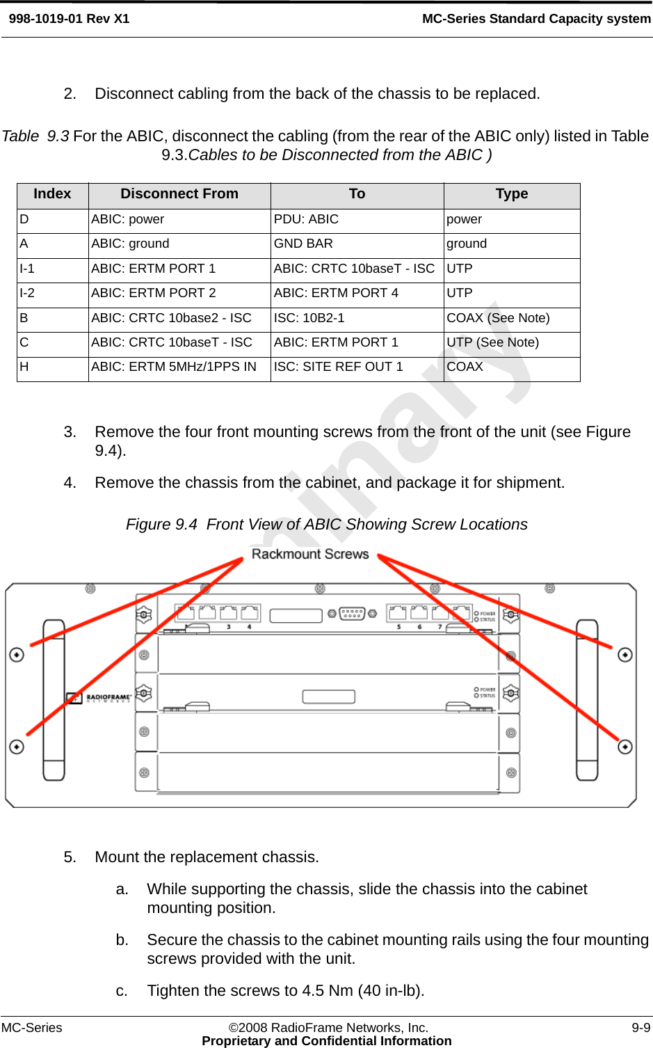 MC-Series ©2008 RadioFrame Networks, Inc. 9-9Proprietary and Confidential InformationMC-Series Standard Capacity system998-1019-01 Rev X12. Disconnect cabling from the back of the chassis to be replaced.  Table  9.3 For the ABIC, disconnect the cabling (from the rear of the ABIC only) listed in Table 9.3.Cables to be Disconnected from the ABIC )3. Remove the four front mounting screws from the front of the unit (see Figure 9.4).4. Remove the chassis from the cabinet, and package it for shipment.Figure 9.4  Front View of ABIC Showing Screw Locations 5. Mount the replacement chassis. a. While supporting the chassis, slide the chassis into the cabinet mounting position. b. Secure the chassis to the cabinet mounting rails using the four mounting screws provided with the unit. c. Tighten the screws to 4.5 Nm (40 in-lb). Index Disconnect From To TypeD ABIC: power PDU: ABIC powerA ABIC: ground GND BAR groundI-1 ABIC: ERTM PORT 1 ABIC: CRTC 10baseT - ISC UTPI-2 ABIC: ERTM PORT 2 ABIC: ERTM PORT 4 UTPB ABIC: CRTC 10base2 - ISC ISC: 10B2-1 COAX (See Note)C ABIC: CRTC 10baseT - ISC ABIC: ERTM PORT 1 UTP (See Note)H ABIC: ERTM 5MHz/1PPS IN ISC: SITE REF OUT 1 COAX