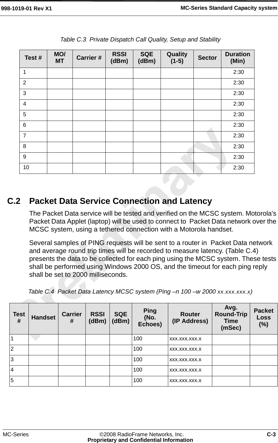 MC-Series ©2008 RadioFrame Networks, Inc. C-3Proprietary and Confidential InformationMC-Series Standard Capacity system998-1019-01 Rev X1Table C.3  Private Dispatch Call Quality, Setup and StabilityC.2 Packet Data Service Connection and LatencyThe Packet Data service will be tested and verified on the MCSC system. Motorola&apos;s Packet Data Applet (laptop) will be used to connect to  Packet Data network over the MCSC system, using a tethered connection with a Motorola handset.Several samples of PING requests will be sent to a router in  Packet Data network and average round trip times will be recorded to measure latency. (Table C.4) presents the data to be collected for each ping using the MCSC system. These tests shall be performed using Windows 2000 OS, and the timeout for each ping reply shall be set to 2000 milliseconds.Table C.4  Packet Data Latency MCSC system (Ping –n 100 –w 2000 xx.xxx.xxx.x) Test # MO/MT Carrier # RSSI(dBm) SQE(dBm) Quality(1-5) Sector Duration(Min)12:3022:3032:3042:3052:3062:3072:3082:3092:3010 2:30Test #Handset Carrier #RSSI(dBm) SQE(dBm)Ping(No. Echoes)Router(IP Address)Avg. Round-Trip Time(mSec)Packet Loss(%)1 100 xxx.xxx.xxx.x2 100 xxx.xxx.xxx.x3 100 xxx.xxx.xxx.x4 100 xxx.xxx.xxx.x5 100 xxx.xxx.xxx.x