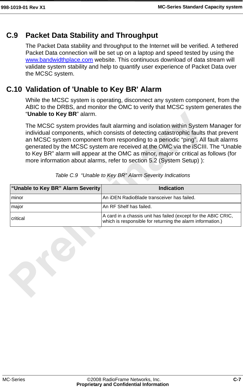 MC-Series ©2008 RadioFrame Networks, Inc. C-7Proprietary and Confidential InformationMC-Series Standard Capacity system998-1019-01 Rev X1C.9 Packet Data Stability and ThroughputThe Packet Data stability and throughput to the Internet will be verified. A tethered Packet Data connection will be set up on a laptop and speed tested by using the www.bandwidthplace.com website. This continuous download of data stream will validate system stability and help to quantify user experience of Packet Data over the MCSC system.C.10 Validation of &apos;Unable to Key BR&apos; AlarmWhile the MCSC system is operating, disconnect any system component, from the ABIC to the DRBS, and monitor the OMC to verify that MCSC system generates the “Unable to Key BR” alarm. The MCSC system provides fault alarming and isolation within System Manager for individual components, which consists of detecting catastrophic faults that prevent an MCSC system component from responding to a periodic “ping”. All fault alarms generated by the MCSC system are received at the OMC via the iSCIII. The “Unable to Key BR” alarm will appear at the OMC as minor, major or critical as follows (for more information about alarms, refer to section 5.2 (System Setup) ): Table C.9  “Unable to Key BR” Alarm Severity Indications “Unable to Key BR” Alarm Severity Indicationminor An iDEN RadioBlade transceiver has failed.major An RF Shelf has failed.critical A card in a chassis unit has failed (except for the ABIC CRIC, which is responsible for returning the alarm information.)