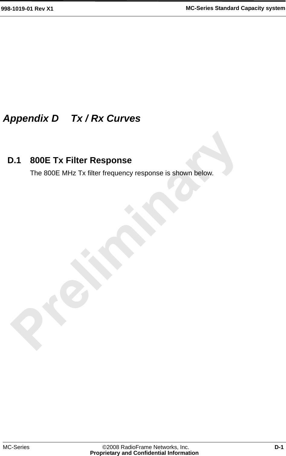 MC-Series Standard Capacity system998-1019-01 Rev X1MC-Series ©2008 RadioFrame Networks, Inc. D-1Proprietary and Confidential InformationAppendix D  Tx / Rx CurvesD.1 800E Tx Filter ResponseThe 800E MHz Tx filter frequency response is shown below.