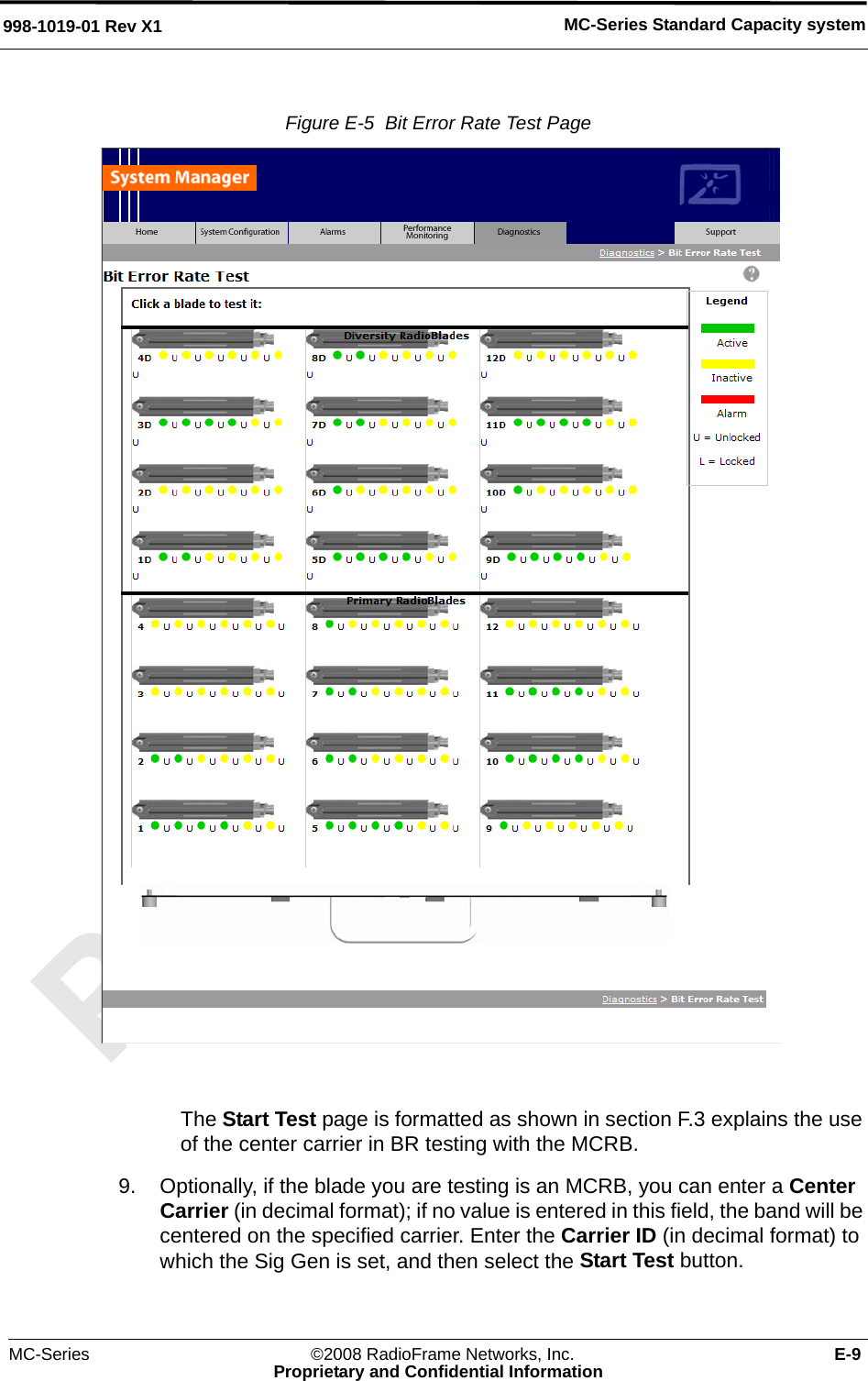MC-Series ©2008 RadioFrame Networks, Inc. E-9Proprietary and Confidential InformationMC-Series Standard Capacity system998-1019-01 Rev X1Figure E-5  Bit Error Rate Test Page The Start Test page is formatted as shown in section F.3 explains the use of the center carrier in BR testing with the MCRB. 9. Optionally, if the blade you are testing is an MCRB, you can enter a Center Carrier (in decimal format); if no value is entered in this field, the band will be centered on the specified carrier. Enter the Carrier ID (in decimal format) to which the Sig Gen is set, and then select the Start Test button.