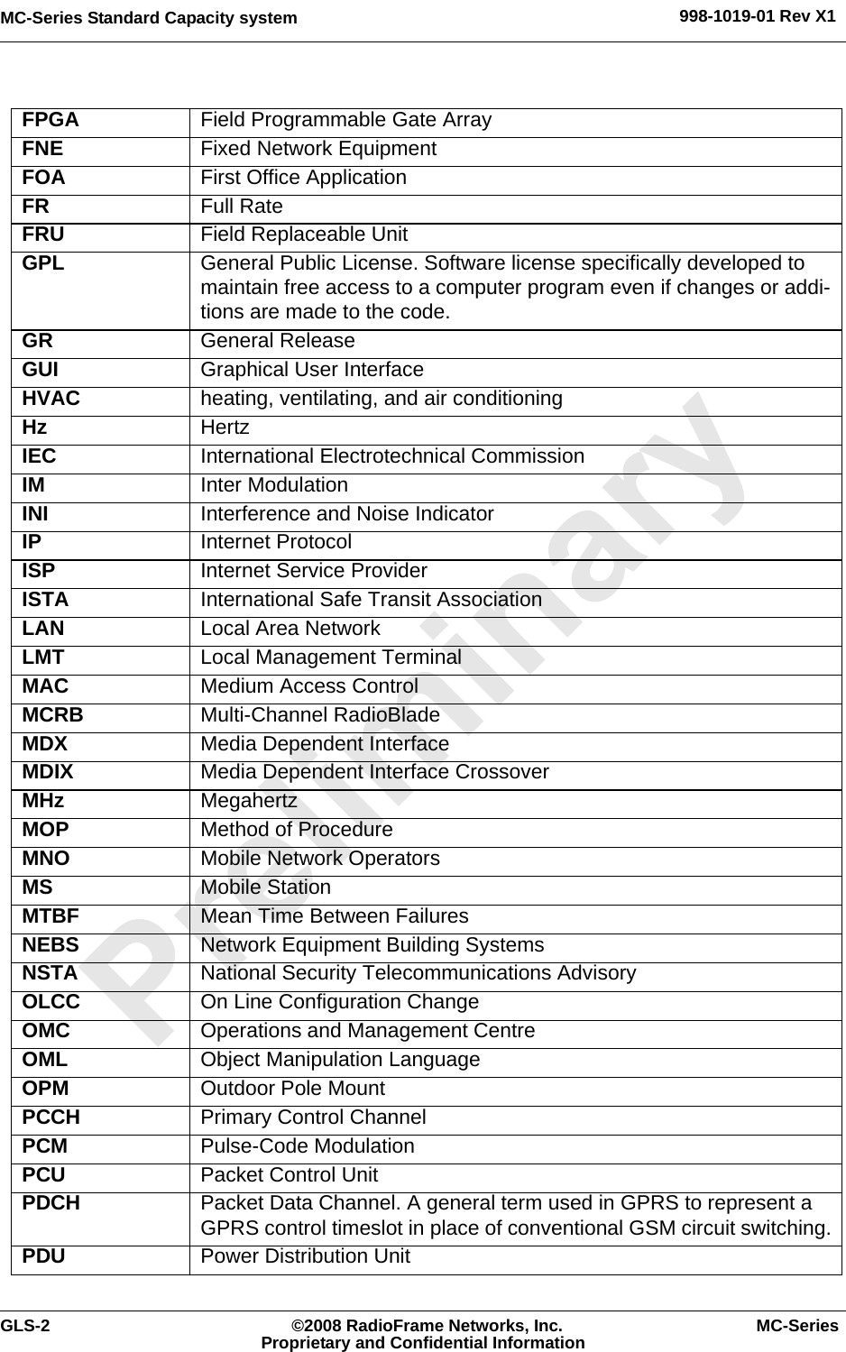 MC-Series Standard Capacity system 998-1019-01 Rev X1GLS-2 ©2008 RadioFrame Networks, Inc. MC-SeriesProprietary and Confidential InformationFPGA Field Programmable Gate ArrayFNE Fixed Network EquipmentFOA First Office ApplicationFR Full RateFRU Field Replaceable UnitGPL General Public License. Software license specifically developed to maintain free access to a computer program even if changes or addi-tions are made to the code.GR General ReleaseGUI Graphical User InterfaceHVAC heating, ventilating, and air conditioningHz HertzIEC International Electrotechnical CommissionIM Inter ModulationINI Interference and Noise IndicatorIP Internet ProtocolISP Internet Service ProviderISTA International Safe Transit AssociationLAN Local Area NetworkLMT Local Management TerminalMAC Medium Access ControlMCRB Multi-Channel RadioBladeMDX Media Dependent InterfaceMDIX Media Dependent Interface CrossoverMHz MegahertzMOP Method of ProcedureMNO Mobile Network OperatorsMS Mobile StationMTBF Mean Time Between FailuresNEBS Network Equipment Building SystemsNSTA National Security Telecommunications AdvisoryOLCC On Line Configuration ChangeOMC Operations and Management CentreOML Object Manipulation LanguageOPM Outdoor Pole MountPCCH Primary Control ChannelPCM Pulse-Code ModulationPCU Packet Control Unit PDCH Packet Data Channel. A general term used in GPRS to represent a GPRS control timeslot in place of conventional GSM circuit switching.PDU Power Distribution Unit