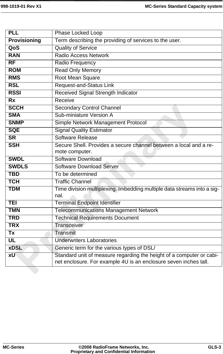 MC-Series ©2008 RadioFrame Networks, Inc. GLS-3Proprietary and Confidential InformationMC-Series Standard Capacity system998-1019-01 Rev X1PLL Phase Locked LoopProvisioning Term describing the providing of services to the user.QoS Quality of ServiceRAN Radio Access NetworkRF Radio FrequencyROM Read Only MemoryRMS Root Mean SquareRSL Request-and-Status LinkRSSI Received Signal Strength IndicatorRx ReceiveSCCH Secondary Control ChannelSMA Sub-miniature Version ASNMP Simple Network Management ProtocolSQE Signal Quality EstimatorSR Software ReleaseSSH Secure Shell. Provides a secure channel between a local and a re-mote computer.SWDL Software DownloadSWDLS Software Download ServerTBD To be determinedTCH Traffic ChannelTDM Time division multiplexing. Imbedding multiple data streams into a sig-nal.TEI Terminal Endpoint IdentifierTMN Telecommunications Management NetworkTRD Technical Requirements DocumentTRX TransceiverTx TransmitUL Underwriters LaboratoriesxDSL Generic term for the various types of DSL/xU Standard unit of measure regarding the height of a computer or cabi-net enclosure. For example 4U is an enclosure seven inches tall.