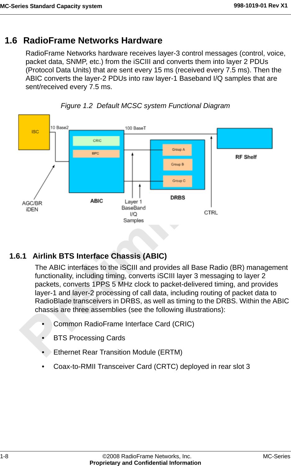 MC-Series Standard Capacity system 998-1019-01 Rev X11-8 ©2008 RadioFrame Networks, Inc. MC-SeriesProprietary and Confidential Information1.6 RadioFrame Networks HardwareRadioFrame Networks hardware receives layer-3 control messages (control, voice, packet data, SNMP, etc.) from the iSCIII and converts them into layer 2 PDUs (Protocol Data Units) that are sent every 15 ms (received every 7.5 ms). Then the ABIC converts the layer-2 PDUs into raw layer-1 Baseband I/Q samples that are sent/received every 7.5 ms.Figure 1.2  Default MCSC system Functional Diagram 1.6.1 Airlink BTS Interface Chassis (ABIC)The ABIC interfaces to the iSCIII and provides all Base Radio (BR) management functionality, including timing, converts iSCIII layer 3 messaging to layer 2 packets, converts 1PPS 5 MHz clock to packet-delivered timing, and provides layer-1 and layer-2 processing of call data, including routing of packet data to RadioBlade transceivers in DRBS, as well as timing to the DRBS. Within the ABIC chassis are three assemblies (see the following illustrations):• Common RadioFrame Interface Card (CRIC)• BTS Processing Cards• Ethernet Rear Transition Module (ERTM)• Coax-to-RMII Transceiver Card (CRTC) deployed in rear slot 3