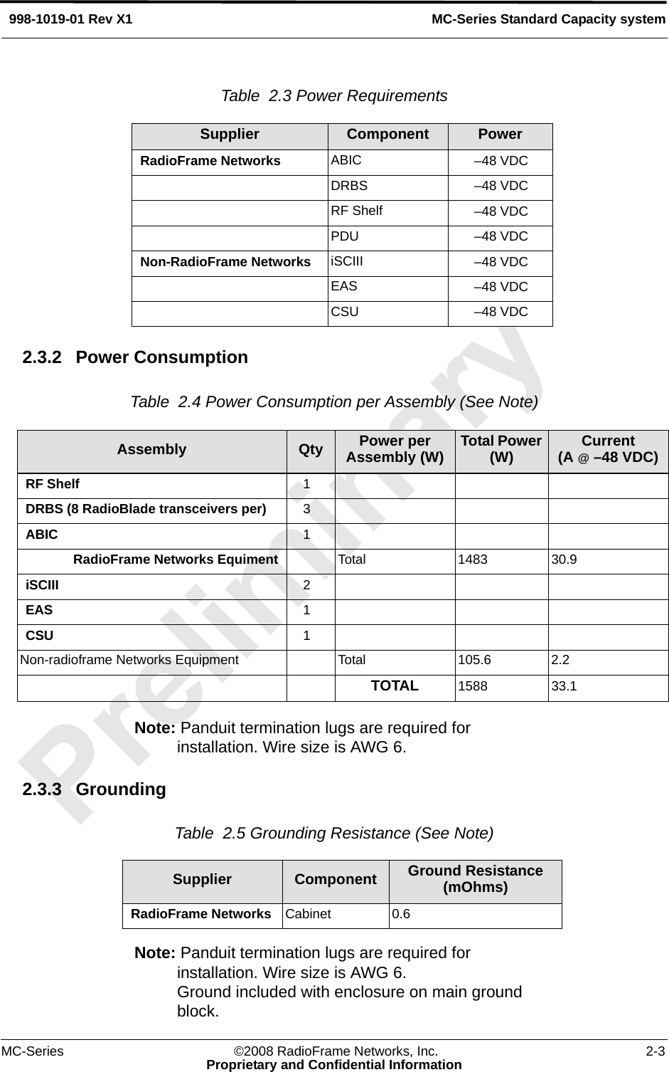 MC-Series ©2008 RadioFrame Networks, Inc. 2-3Proprietary and Confidential InformationMC-Series Standard Capacity system998-1019-01 Rev X1Table  2.3 Power Requirements 2.3.2 Power ConsumptionTable  2.4 Power Consumption per Assembly (See Note) Note: Panduit termination lugs are required for installation. Wire size is AWG 6.2.3.3 GroundingTable  2.5 Grounding Resistance (See Note) Note: Panduit termination lugs are required for installation. Wire size is AWG 6. Ground included with enclosure on main ground block.Supplier Component PowerRadioFrame Networks ABIC  –48 VDCDRBS –48 VDCRF Shelf –48 VDCPDU –48 VDCNon-RadioFrame Networks iSCIII  –48 VDCEAS –48 VDCCSU –48 VDCAssembly Qty Power per Assembly (W) Total Power (W) Current (A @ –48 VDC)RF Shelf  1DRBS (8 RadioBlade transceivers per) 3ABIC 1RadioFrame Networks Equiment Total 1483 30.9iSCIII 2EAS 1CSU 1Non-radioframe Networks Equipment Total 105.6 2.2TOTAL 1588 33.1Supplier Component Ground Resistance (mOhms)RadioFrame Networks Cabinet  0.6