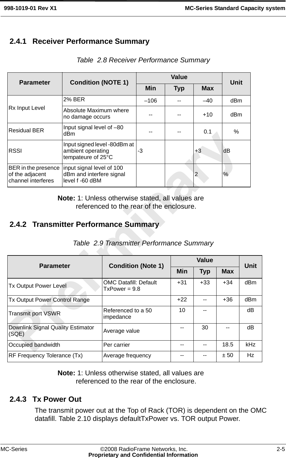 MC-Series ©2008 RadioFrame Networks, Inc. 2-5Proprietary and Confidential InformationMC-Series Standard Capacity system998-1019-01 Rev X12.4.1 Receiver Performance SummaryTable  2.8 Receiver Performance Summary Note: 1: Unless otherwise stated, all values are referenced to the rear of the enclosure.2.4.2 Transmitter Performance SummaryTable  2.9 Transmitter Performance Summary Note: 1: Unless otherwise stated, all values are referenced to the rear of the enclosure.2.4.3 Tx Power OutThe transmit power out at the Top of Rack (TOR) is dependent on the OMC datafill. Table 2.10 displays defaultTxPower vs. TOR output Power. Parameter Condition (NOTE 1) Value UnitMin Typ MaxRx Input Level2% BER –106 -- –40 dBmAbsolute Maximum where no damage occurs -- -- +10 dBmResidual BER Input signal level of –80 dBm -- -- 0.1 %RSSI Input signed level -80dBm at ambient operating tempateure of 25°C -3 +3 dBBER in the presence of the adjacent channel interferesinput signal level of 100 dBm and interfere signal level f -60 dBM 2%Parameter Condition (Note 1) Value UnitMin Typ MaxTx Output Power Level OMC Datafill: Default TxPower = 9.8 +31 +33 +34 dBmTx Output Power Control Range +22 -- +36 dBmTransmit port VSWR Referenced to a 50 impedance 10 -- dBDownlink Signal Quality Estimator (SQE) Average value -- 30 -- dBOccupied bandwidth  Per carrier -- -- 18.5 kHzRF Frequency Tolerance (Tx) Average frequency -- -- ± 50 Hz