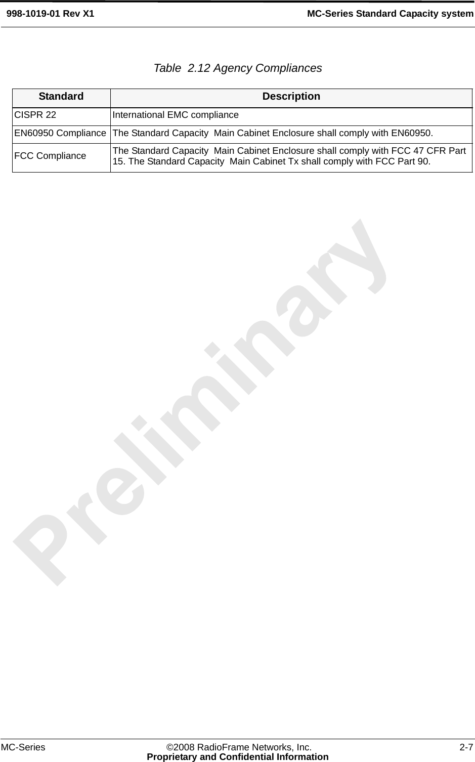 MC-Series ©2008 RadioFrame Networks, Inc. 2-7Proprietary and Confidential InformationMC-Series Standard Capacity system998-1019-01 Rev X1Table  2.12 Agency Compliances Standard DescriptionCISPR 22 International EMC complianceEN60950 Compliance The Standard Capacity  Main Cabinet Enclosure shall comply with EN60950.FCC Compliance The Standard Capacity  Main Cabinet Enclosure shall comply with FCC 47 CFR Part 15. The Standard Capacity  Main Cabinet Tx shall comply with FCC Part 90.