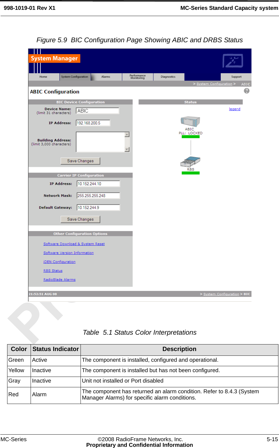 MC-Series ©2008 RadioFrame Networks, Inc. 5-15Proprietary and Confidential InformationMC-Series Standard Capacity system998-1019-01 Rev X1Figure 5.9  BIC Configuration Page Showing ABIC and DRBS Status Table  5.1 Status Color Interpretations Color Status Indicator DescriptionGreen Active The component is installed, configured and operational.Yellow Inactive The component is installed but has not been configured.Gray Inactive Unit not installed or Port disabledRed Alarm The component has returned an alarm condition. Refer to 8.4.3 (System Manager Alarms) for specific alarm conditions.