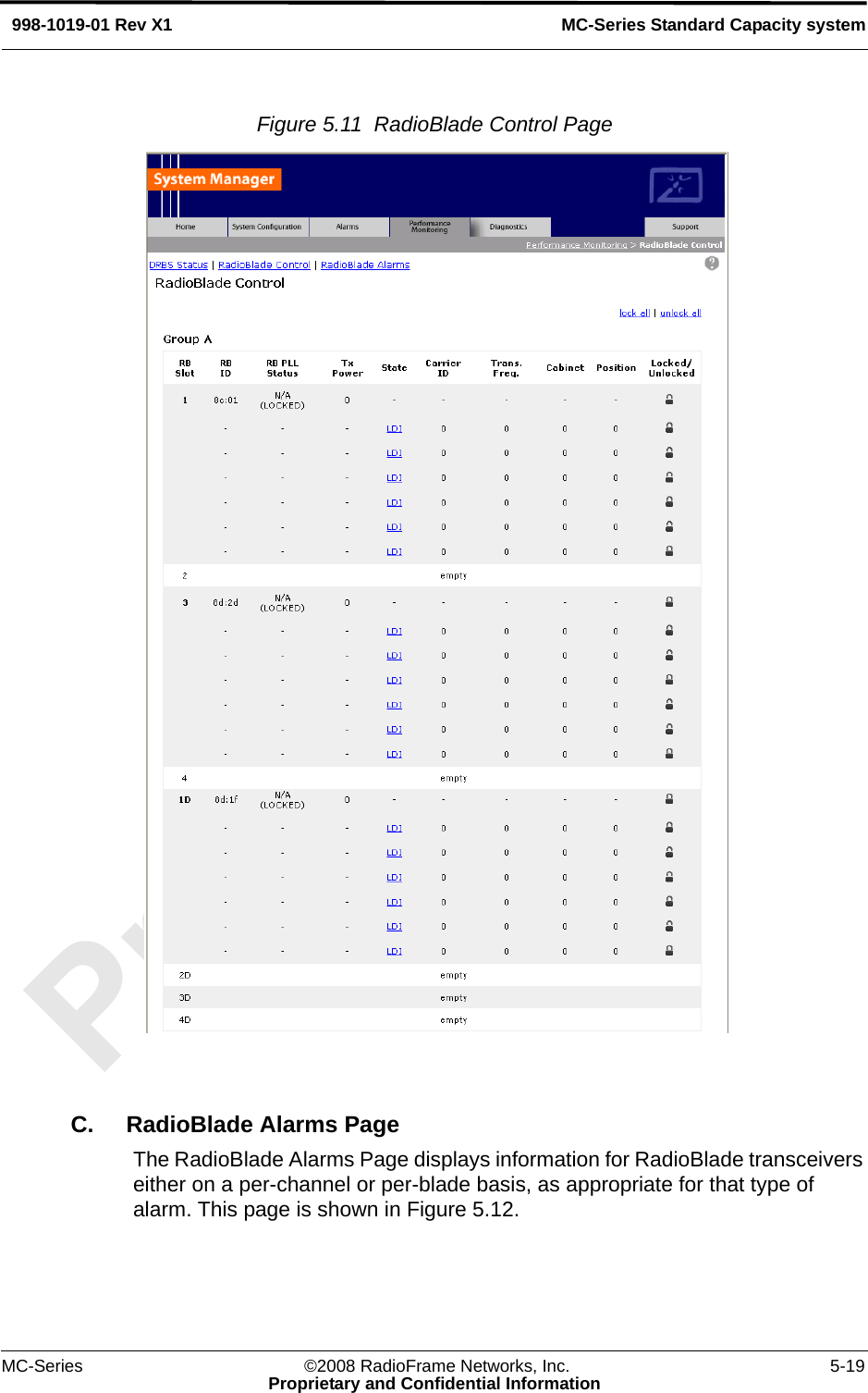 MC-Series ©2008 RadioFrame Networks, Inc. 5-19Proprietary and Confidential InformationMC-Series Standard Capacity system998-1019-01 Rev X1Figure 5.11  RadioBlade Control Page C. RadioBlade Alarms PageThe RadioBlade Alarms Page displays information for RadioBlade transceivers either on a per-channel or per-blade basis, as appropriate for that type of alarm. This page is shown in Figure 5.12.