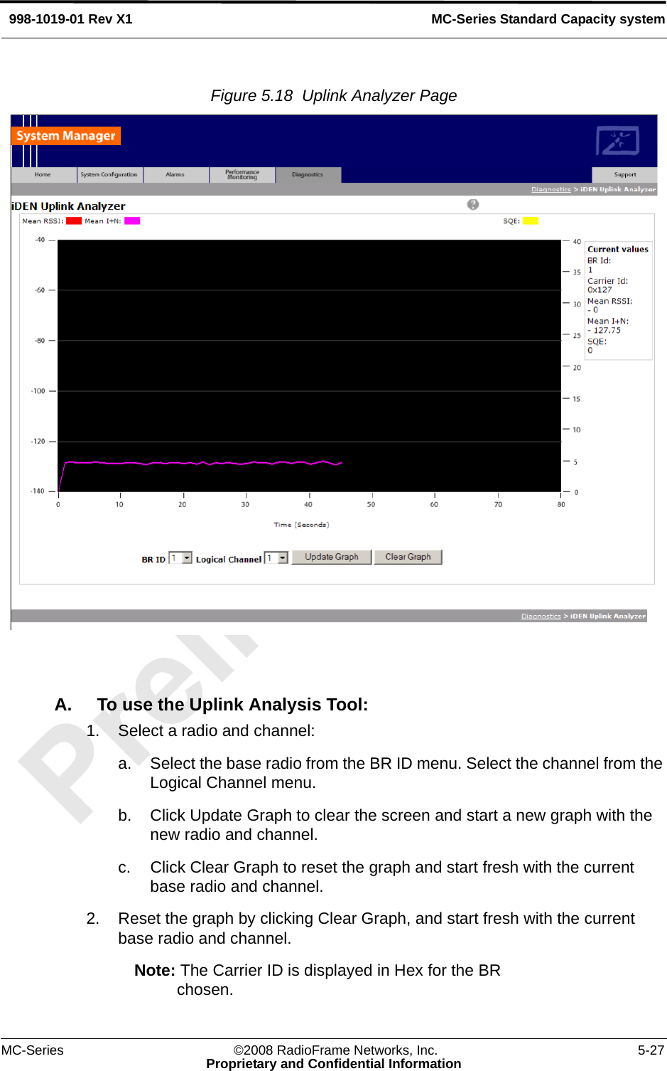 MC-Series ©2008 RadioFrame Networks, Inc. 5-27Proprietary and Confidential InformationMC-Series Standard Capacity system998-1019-01 Rev X1Figure 5.18  Uplink Analyzer Page A. To use the Uplink Analysis Tool:1. Select a radio and channel:a. Select the base radio from the BR ID menu. Select the channel from the Logical Channel menu.b. Click Update Graph to clear the screen and start a new graph with the new radio and channel.c. Click Clear Graph to reset the graph and start fresh with the current base radio and channel.2. Reset the graph by clicking Clear Graph, and start fresh with the current base radio and channel. Note: The Carrier ID is displayed in Hex for the BR chosen.