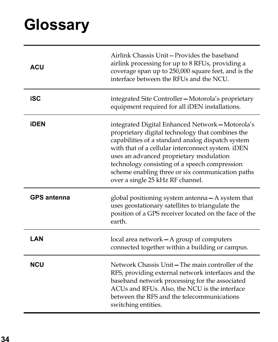   34 Glossary ACU Airlink Chassis Unit—Provides the baseband airlink processing for up to 8 RFUs, providing a coverage span up to 250,000 square feet, and is the interface between the RFUs and the NCU. iSC  integrated Site Controller—Motorola’s proprietary equipment required for all iDEN installations.  iDEN  integrated Digital Enhanced Network—Motorola’s proprietary digital technology that combines the capabilities of a standard analog dispatch system with that of a cellular interconnect system. iDEN uses an advanced proprietary modulation technology consisting of a speech compression scheme enabling three or six communication paths over a single 25 kHz RF channel.  GPS antenna  global positioning system antenna—A system that uses geostationary satellites to triangulate the position of a GPS receiver located on the face of the earth. LAN  local area network—A group of computers connected together within a building or campus. NCU  Network Chassis Unit—The main controller of the RFS, providing external network interfaces and the baseband network processing for the associated ACUs and RFUs. Also, the NCU is the interface between the RFS and the telecommunications switching entities. 