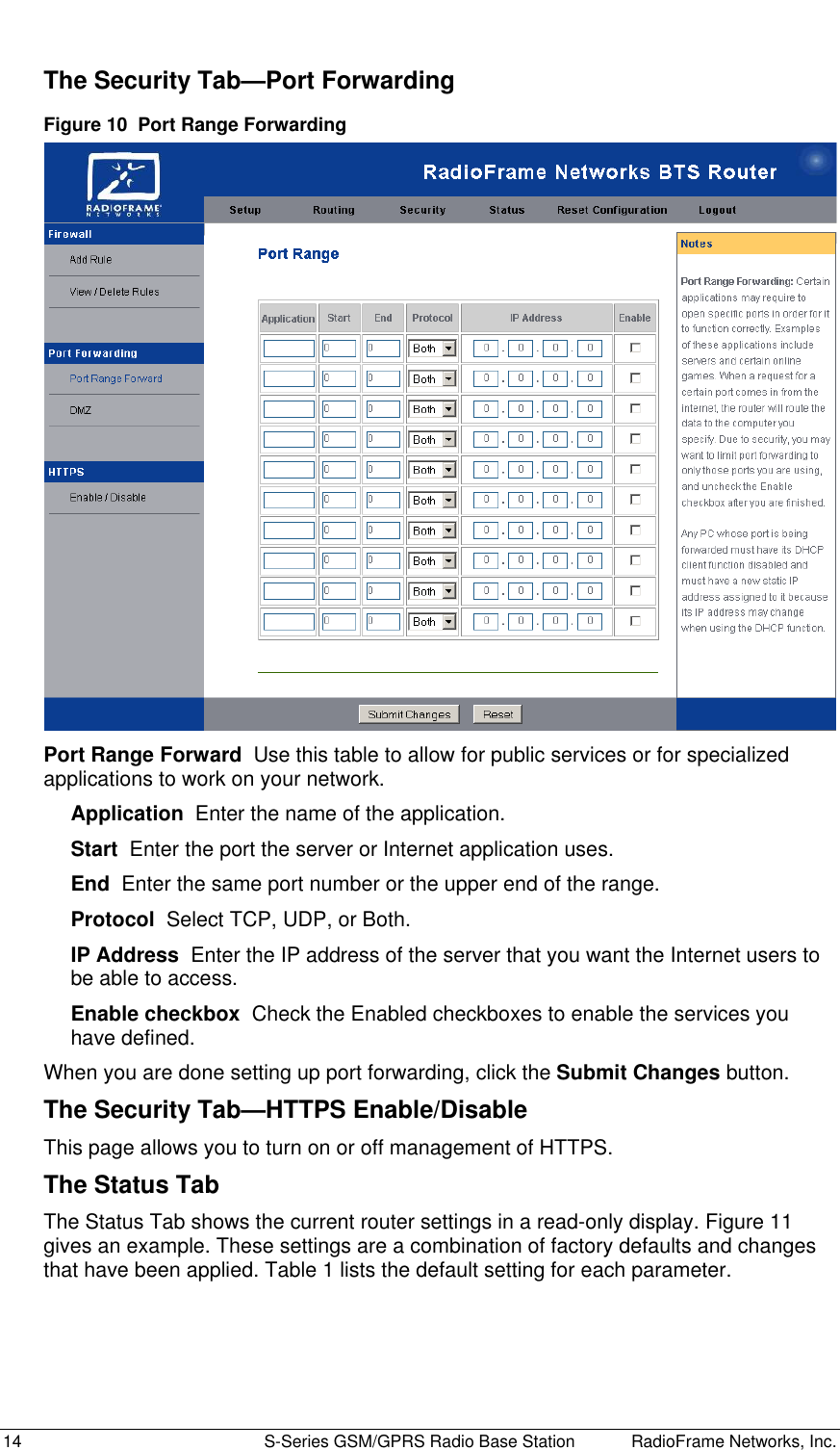  14  S-Series GSM/GPRS Radio Base Station RadioFrame Networks, Inc. The Security Tab—Port Forwarding Figure 10  Port Range Forwarding  Port Range Forward  Use this table to allow for public services or for specialized applications to work on your network. Application  Enter the name of the application. Start  Enter the port the server or Internet application uses. End  Enter the same port number or the upper end of the range. Protocol  Select TCP, UDP, or Both. IP Address  Enter the IP address of the server that you want the Internet users to be able to access. Enable checkbox  Check the Enabled checkboxes to enable the services you have defined. When you are done setting up port forwarding, click the Submit Changes button. The Security Tab—HTTPS Enable/Disable This page allows you to turn on or off management of HTTPS. The Status Tab The Status Tab shows the current router settings in a read-only display. Figure 11 gives an example. These settings are a combination of factory defaults and changes that have been applied. Table 1 lists the default setting for each parameter. 