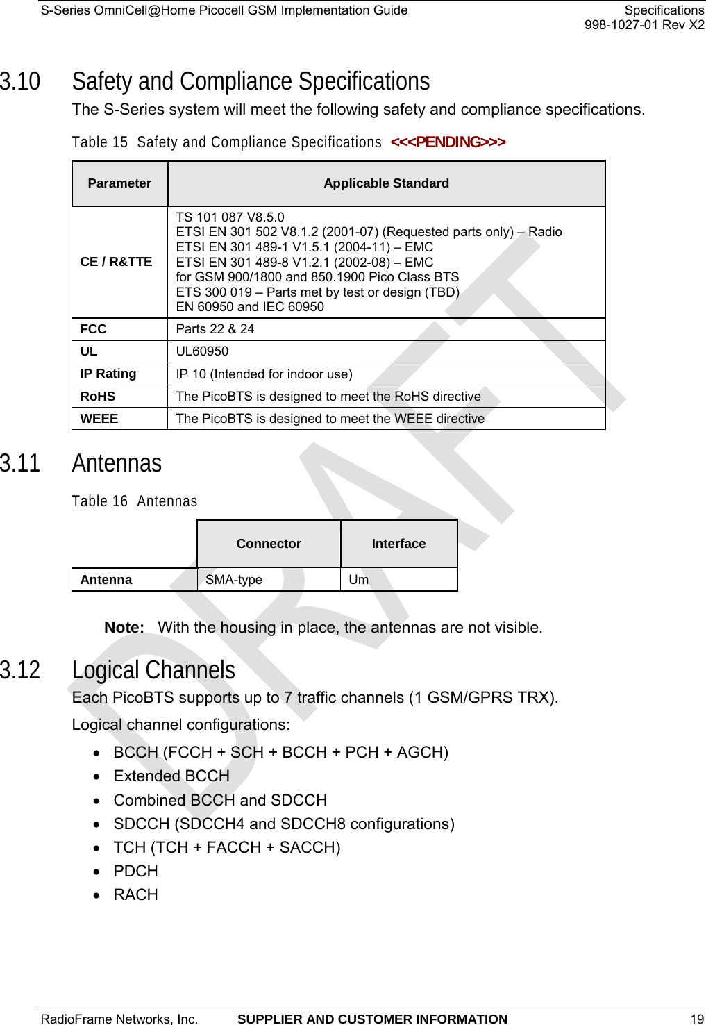 S-Series OmniCell@Home Picocell GSM Implementation Guide  Specifications     998-1027-01 Rev X2 3.10 Safety and Compliance Specifications The S-Series system will meet the following safety and compliance specifications. Table 15  Safety and Compliance Specifications  &lt;&lt;&lt;PENDING&gt;&gt;&gt; Parameter  Applicable Standard CE / R&amp;TTE TS 101 087 V8.5.0  ETSI EN 301 502 V8.1.2 (2001-07) (Requested parts only) – Radio  ETSI EN 301 489-1 V1.5.1 (2004-11) – EMC  ETSI EN 301 489-8 V1.2.1 (2002-08) – EMC for GSM 900/1800 and 850.1900 Pico Class BTS ETS 300 019 – Parts met by test or design (TBD) EN 60950 and IEC 60950 FCC  Parts 22 &amp; 24 UL  UL60950 IP Rating  IP 10 (Intended for indoor use) RoHS  The PicoBTS is designed to meet the RoHS directive WEEE  The PicoBTS is designed to meet the WEEE directive 3.11 Antennas Table 16  Antennas  Connector  Interface Antenna  SMA-type   Um  Note:  With the housing in place, the antennas are not visible. 3.12 Logical Channels Each PicoBTS supports up to 7 traffic channels (1 GSM/GPRS TRX). Logical channel configurations: •  BCCH (FCCH + SCH + BCCH + PCH + AGCH)  • Extended BCCH  •  Combined BCCH and SDCCH  •  SDCCH (SDCCH4 and SDCCH8 configurations)  •  TCH (TCH + FACCH + SACCH)  • PDCH  • RACH RadioFrame Networks, Inc.  SUPPLIER AND CUSTOMER INFORMATION 19   