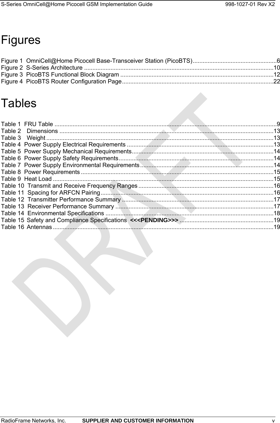 S-Series OmniCell@Home Picocell GSM Implementation Guide  998-1027-01 Rev X2 RadioFrame Networks, Inc.  SUPPLIER AND CUSTOMER INFORMATION v   Figures Figure 1  OmniCell@Home Picocell Base-Transceiver Station (PicoBTS) ................................................... 6Figure 2  S-Series Architecture ................................................................................................................... 10Figure 3  PicoBTS Functional Block Diagram ............................................................................................. 12Figure 4  PicoBTS Router Configuration Page ............................................................................................ 22Tables Table 1  FRU Table ....................................................................................................................................... 9Table 2Dimensions .................................................................................................................................. 13Table 3Weight .......................................................................................................................................... 13Table 4  Power Supply Electrical Requirements ......................................................................................... 13Table 5  Power Supply Mechanical Requirements ...................................................................................... 14Table 6  Power Supply Safety Requirements .............................................................................................. 14Table 7  Power Supply Environmental Requirements ................................................................................. 14Table 8  Power Requirements ..................................................................................................................... 15Table 9  Heat Load ...................................................................................................................................... 15Table 10  Transmit and Receive Frequency Ranges .................................................................................. 16Table 11  Spacing for ARFCN Pairing ......................................................................................................... 16Table 12  Transmitter Performance Summary ............................................................................................ 17Table 13  Receiver Performance Summary ................................................................................................ 17Table 14  Environmental Specifications ...................................................................................................... 18Table 15Safety and Compliance Specifications  &lt;&lt;&lt;PENDING&gt;&gt;&gt; ......................................................... 19Table 16 ...................................................................................................................................... 19Antennas  