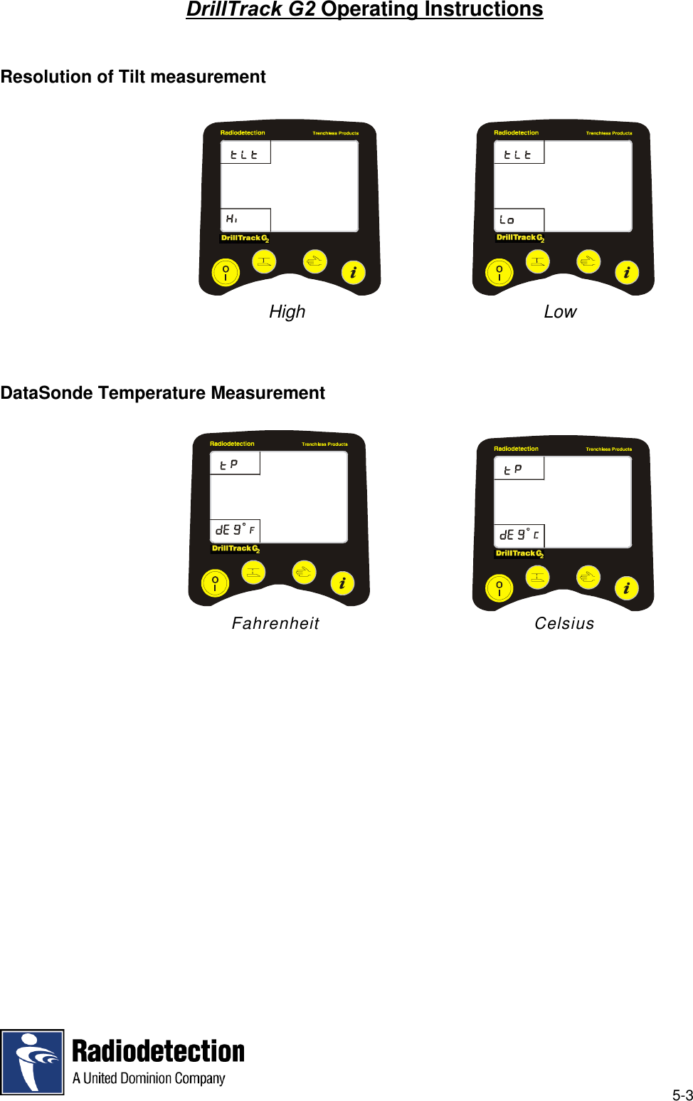 5-3DrillTrack G2 Operating InstructionsResolution of Tilt measurement           High                                              LowDataSonde Temperature Measurement                                  Fahrenheit                              Celsius