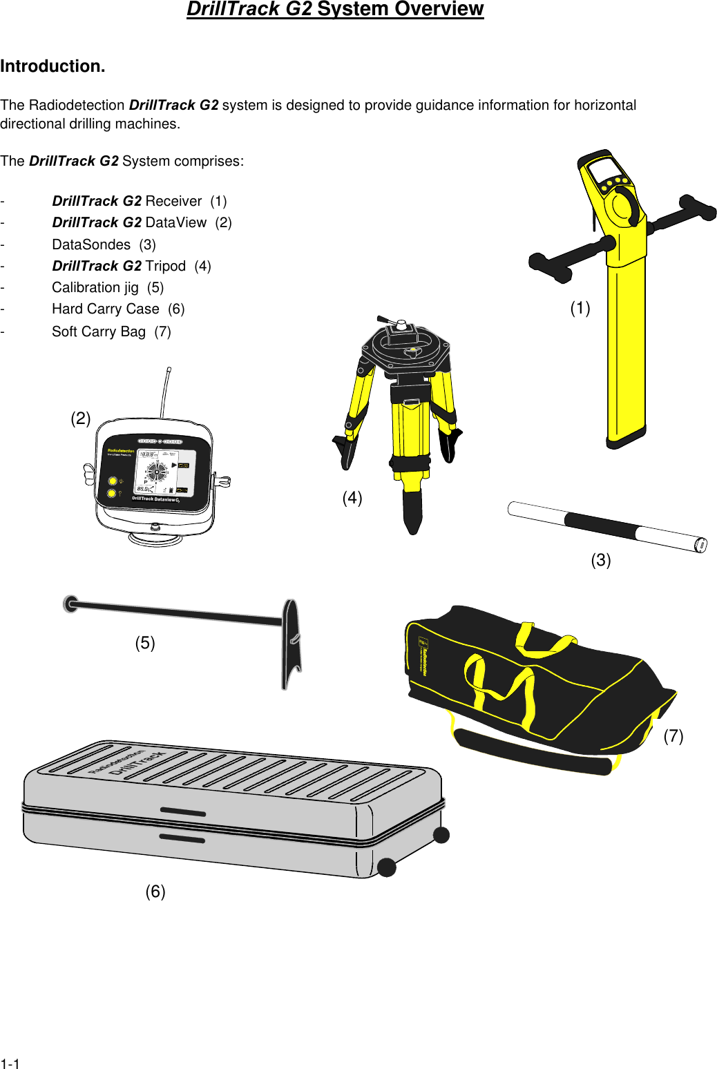 1-1DrillTrack G2 System OverviewIntroduction.The Radiodetection DrillTrack G2 system is designed to provide guidance information for horizontaldirectional drilling machines.The DrillTrack G2 System comprises:-DrillTrack G2 Receiver  (1)-DrillTrack G2 DataView  (2)- DataSondes  (3)-DrillTrack G2 Tripod  (4)- Calibration jig  (5)- Hard Carry Case  (6) (1)- Soft Carry Bag  (7)(4)(2)(5)(3)(7)(6)