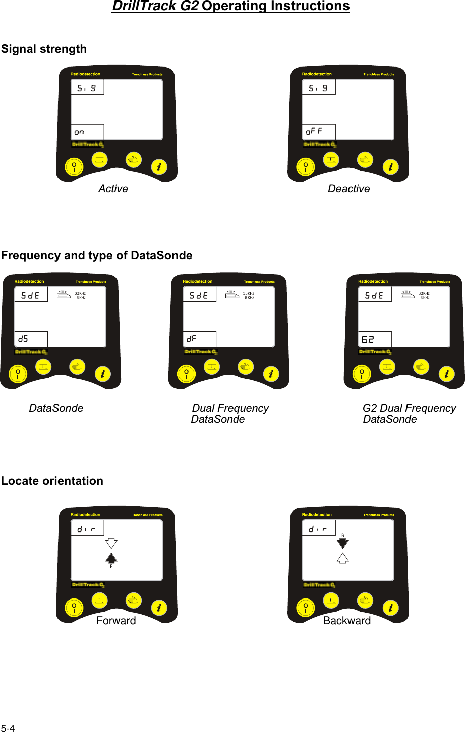 5-4DrillTrack G2 Operating InstructionsSignal strength                             Active                                                              DeactiveFrequency and type of DataSondeDataSonde                                    Dual Frequency                               G2 Dual Frequency                                                   DataSonde                                       DataSondeLocate orientation                       Forward                                                              Backward