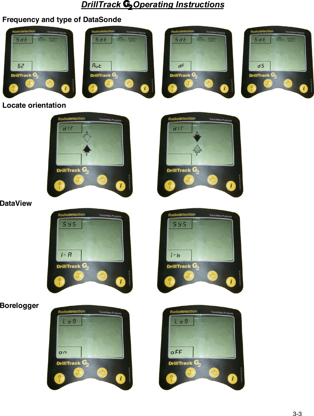 3-3DrillTrack     Operating InstructionsFrequency and type of DataSondeLocate orientation  DataViewBorelogger