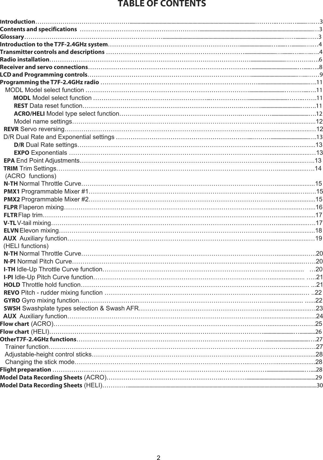 2TABLE OF CONTENTSIntroduction………………………………………................................................................................................………..…….….......….…3Contents and specifications  ………………………………………………….......................................................................................…3Glossary…………………………………………………………............................................................................................……........……3Introduction to the T7F-2.4GHz system………………………………………………………........................…......…..........….…4Transmitter controls and descriptions …………………………………………………………........................…........…...…..….4Radio installation……………………………………………………………………………………..........................………….….6Receiver and servo connections……………………………………………………………………...................................….....…..8LCD and Programming controls……………………………………………………………………...................................…...……9Programming the T7F-2.4GHz radio ………………………………………………………………….......................................….11   MODL Model select function ……………………………………………………………………...........................………....….11          MODL Model select function ………………………………………………...………………..............................……..…….11           REST Data reset function………………………………………………………………….………...............................….….11           ACRO/HELI Model type select function………………………………………………….……………............................….12        Model name settings……………………………………………….…………………………………….......................12   REVR Servo reversing…………………………………………………………………………………….........................…12  D/R Dual Rate and Exponential settings ………………………………………………………...……….............................….13           D/R Dual Rate settings…………………………………………………………………………...................…….........13           EXPO Exponentials …………………………………………………………………………………..........................…13   EPA End Point Adjustments………………………………………………………………………………….................…..13   TRIM Trim Settings…………………………………………………………………………………………….................….14   (ACRO  functions)   N-TH Normal Throttle Curve…………………………………………………………………………………......................15   PMX1 Programmable Mixer #1…………………………………………………………………………...................…..….15   PMX2 Programmable Mixer #2…………………………………………………………………………………..................15   FLPR Flaperon mixing……………………………………………………………………………………....................….....16   FLTR Flap trim……………………………………………………………………………………………………...................17   V-TL V-tail mixing……………………………………………………………………………………………….................….17   ELVN Elevon mixing…………………………………………………………………………………………........................18  AUX  Auxiliary function………………………………………………………………………………..............................…19  (HELI functions)   N-TH Normal Throttle Curve………………………………………………………………………………….................…..20   N-PI Normal Pitch Curve…………………………………………………………………………………….................……20   I-TH Idle-Up Throttle Curve function………………………………………………………………………..................   …20   I-PI Idle-Up Pitch Curve function………………………………………………………………………….................... …..21   HOLD Throttle hold function………………………………………………………………………………...................… ...21   REVO Pitch - rudder mixing function ……………………………………………………………………....................… ..22   GYRO Gyro mixing function……………………………………………………………………………….................... ......22   SWSH Swashplate types selection &amp; Swash AFR………………………………………………………......................…23  AUX  Auxiliary function…………………………………………………………………………………...........................…24Flow chart (ACRO)………………………………………………………………………………………….................…...…25Flow chart (HELI)………………………………………………………………………………………….......................…............26OtherT7F-2.4GHz functions……………………………………………………………………………….................................….27   Trainer function…………………………………………………………………………………………………................…27   Adjustable-height control sticks………………………………………………………………………………....................28   Changing the stick mode………………………………………………………………………...………….......................28Flight preparation ………………………………………………………………………………………….............................…....28Model Data Recording Sheets (ACRO)……………………………………………….………….....................................................29Model Data Recording Sheets (HELI)………….................................................................................................................................................30