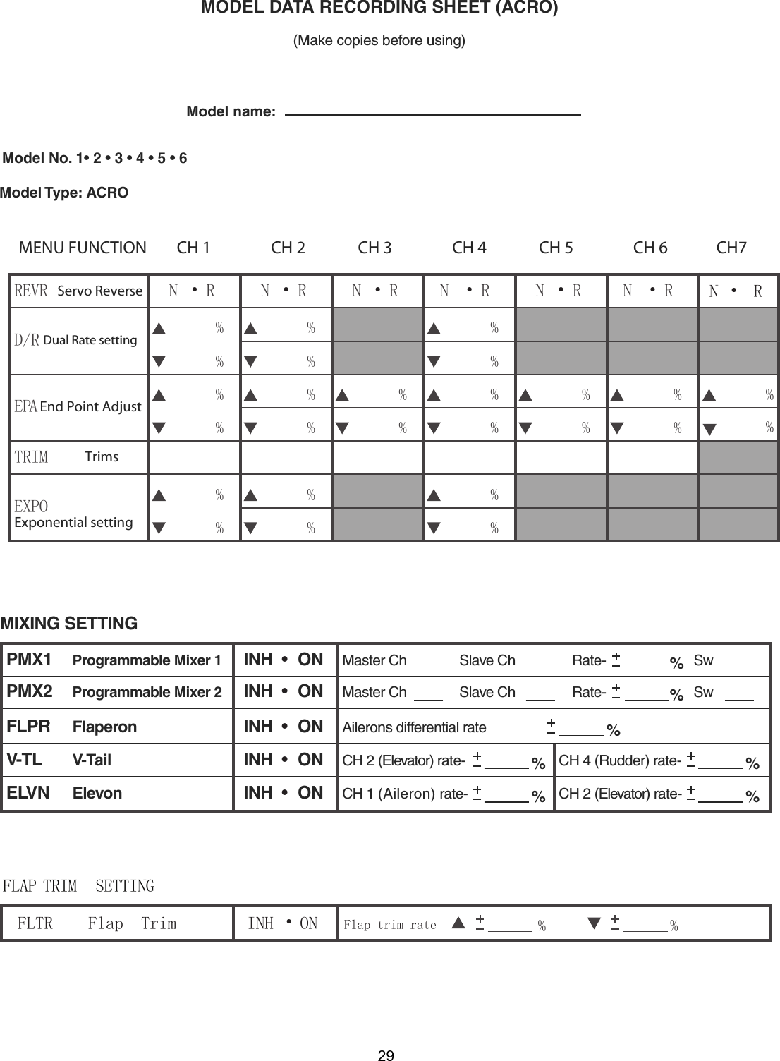 REVRD/REPATRIMEXPON  •R%% % %N  •R%N  •R N  •R%%% % %% %N  •R N  ••R% % % % % % %%%% % % % %N    RFLAP TRIM  SETTING  •   % %FLTR    Flap  Trim INH   ON   Flap trim rateMIXING SETTINGPMX1 Programmable Mixer 1FlaperonV-TailElevonINH  •ONFLPR INH  •ONV-TL INH  •ONELVN INH  •ONMaster ChAilerons differential rate %Slave Ch Rate- %SwCH 2 (Elevator) rate- %CH 4 (Rudder) rate- %CH 1 (Aileron) rate- %CH 2 (Elevator) rate- %PMX2 Programmable Mixer 2 INH  •ON Master Ch Slave Ch Rate- %SwMODEL DATA RECORDING SHEET (ACRO) (Make copies before using)Model name: Model No. 1• 2 • 3 • 4 • 5 • 6Model Type: ACRO   29MENU FUNCTION        CH 1                CH 2              CH 3                CH 4              CH 5                CH 6             CH7 Servo ReverseDual Rate settingEnd Point AdjustTrimsExponential setting