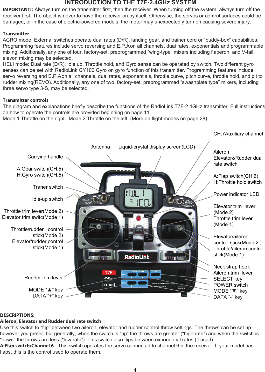 4INTRODUCTION TO THE T7F-2.4GHz SYSTEMIMPORTANT!: Always turn on the transmitter first, then the receiver. When turning off the system, always turn off thereceiver first. The object is never to have the receiver on by itself. Otherwise, the servos or control surfaces could bedamaged, or in the case of electric-powered models, the motor may unexpectedly turn on causing severe injury.TransmitterACRO mode: External switches operate dual rates (D/R), landing gear, and trainer cord or “buddy-box” capabilities.Programming features include servo reversing and E.P.A on all channels, dual rates, exponentials and programmablemixing. Additionally, any one of four, factory-set, preprogrammed “wing-type” mixers including flaperon, and V-tail,elevon mixing may be selected.HELI mode: Dual rate (D/R), Idle up, Throttle hold, and Gyro sense can be operated by switch. Two different gyrosenses can be set with RadioLink GY100 Gyro on gyro function of this transmitter. Programming features includeservo reversing and E.P.A on all channels, dual rates, exponentials, throttle curve, pitch curve, throttle hold, and pit torudder mixing(REVO). Additionally, any one of two, factory-set, preprogrammed “swashplate type” mixers, includingthree servo type 3-S, may be selected.Transmitter controlsThe diagram and explanations briefly describe the functions of the RadioLink T7F-2.4GHz transmitter. Full instructionson how to operate the controls are provided beginning on page 11.Mode 1:Throttle on the right.  Mode 2:Throttle on the left. (More on flight modes on page 28)DESCRIPTIONS:  Aileron, Elevator and Rudder dual rate switch  Use this switch to “flip” between two aileron, elevator and rudder control throw settings. The throws can be set up however you prefer, but generally, when the switch is “up” the throws are greater (“high rate”) and when the switch is “down” the throws are less (“low rate”). This switch also flips between exponential rates (if used).  A:Flap switch/Channel 6 - This switch operates the servo connected to channel 6 in the receiver. If your model has flaps, this is the control used to operate them.  Antenna      Liquid-crystal display screen(LCD)Carrying handle  A:Gear switch(CH.5) H:Gyro switch(CH.5)  Traner switch  Idle-up switch  Throttle trim lever(Mode 2)Elevator trim switc(Mode 1)  Throttle/rudder   control stick(Mode 2) Elevator/rudder control stick(Mode 1)     Rudder trim lever  MODE “▲” key DATA “+” key CH.7Auxiliary channel   Aileron Elevator&amp;Rudder dual rate switch   A:Flap switch(CH.6) H:Throttle hold switch   Power indicator LED  Elevator trim  lever (Mode 2) Throttle trim lever(Mode 1)   Elevator/aileron  control stick(Mode 2 ) Throttle/aileron control stick(Mode 1)   Neck strap hook Aileron trim  lever SELECT key POWER switch MODE “▼” key DATA “-” key