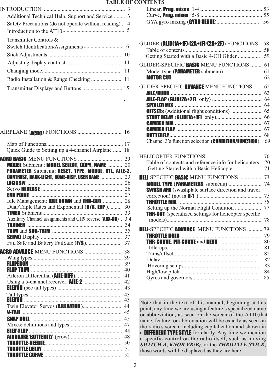 2TABLE OF CONTENTSINTRODUCTION ...........................................................  3Additional Technical Help, Support and Service ........  3Safety Precautions (do not operate without reading) ..  4Introduction to the AT10 .............................................  5Transmitter Controls &amp; 6ZLWFK,GHQWL¿FDWLRQ$VVLJQPHQWV .............................  6Stick Adjustments .....................................................   10Adjusting display contrast ........................................  11Changing mode..........................................................  11.Radio Installation &amp; Range Checking ......................  11Transmitter Displays and Buttons ............................. 15AIRPLANE (ACRO) FUNCTIONS ................................  16Map of Functions........................................................ 17Quick Guide to Setting up a 4-channel Airplane ......  18ACRO BASIC MENU FUNCTIONS ................................  20MODEL Submenu: MODEL SELECT,COPY,NAME ..........  20PARAMETER Submenu: RESET,  TYPE,  MODUL,  ATL,  AILE-2,CONTRAST,BACK-LIGHT,HOME-DISP,USER NAME...............  23LOGIC SW.....................................................................  26Servo REVERSE ...........................................................  26END POINT ..................................................................  27Idle Management: IDLE DOWN and THR-CUT ..............  28&apos;XDO7ULSOH5DWHVDQG([SRQHQWLDOD/R,EXP )..........  30TIMER Submenu..........................................................  33Auxiliary Channel assignments and CH9 reverse (AUX-CH). 34TRAINER .....................................................................  34TRIM and SUB-TRIM ...................................................  35SERVO Display ...........................................................  37Fail Safe and Battery FailSafe (F/S).........................   37ACRO ADVANCE MENU FUNCTIONS ...........................  38Wing types ................................................................  39FLAPERON ...................................................................  39FLAP TRIM ..................................................................  40Aileron Differential (AILE-DIFF).................................   41Using a 5-channel receiver: AILE-2 ............................  42ELEVON (see tail types) ...............................................  43Tail types ...................................................................  43ELEVON .......................................................................  43Twin Elevator Servos (AILEVATOR )............................  44V-TAIL .........................................................................  45SNAP ROLL .................................................................. 450L[HVGH¿QLWLRQVDQGW\SHV.....................................  47ELEV-FLAP ....................................................................  48AIRBRAKEBUTTERFLY  (crow) .....................................  48THROTTLE-NEEDLE........................................................  50THROTTLE DELAY .........................................................  51THROTTLE CURVE ........................................................  52Linear, Prog. mixes  1-4 ............................................. 53Curve, Prog. mixes  5-8 ............................................. 55GYA gyro mixing (GYRO SENSE)...............................   56GLIDER (GLID(1A+1F)(2A+1F)(2A+2F)) FUNCTIONS .  58Table of contents........................................................  58Getting Started with a Basic 4-CH Glider ................   59GLIDER-SPECIFIC BASIC MENU FUNCTIONS ........  61Model type (PARAMETER submenu) ...........................  61MOTOR CUT ................................................................  62GLIDER-SPECIFIC ADVANCE MENU FUNCTIONS.....  62AILE/RUDD ..................................................................  63AILE-FLAP (GLID(2A+2F)  only) ....................................  64SPOILER MIX  ...............................................................  64OFFSETs$GGLWLRQDOÀLJKWFRQGLWLRQV......................  65START DELAY (GLID(1A+1F)  only).................................  66CAMBER MIX ...............................................................  67CAMBER FLAP ..............................................................  67BUTTERFLY...................................................................  68Channel 3’s function selection (CONDITION/FUNCTION)  69HELICOPTER FUNCTIONS.......................................... 70Table of contents and reference info for helicopters .  70Getting Started with a Basic Helicopter ...................  71HELI-SPECIFIC BASIC MENU FUNCTIONS ................  73MODEL TYPE (PARAMETERS  submenu) ........................  74SWASH AFR (swashplate surface direction and travelcorrection) (not in H-1 )..............................................  75THROTTLE MIX ............................................................ 76Setting up the Normal Flight Condition ...................  77THR-CUTVSHFLDOL]HGVHWWLQJVIRUKHOLFRSWHUVSHFL¿Fmodels).....................................................................  78HELI-SPECIFIC ADVANCE  MENU FUNCTIONS ........... 79THROTTLE HOLD ..........................................................  79THR-CURVE,PIT-CURVE and REVO .............................   80Idle-ups...................................................................    817ULPVRIIVHW.............................................................    82Delay.......................................................................     82Hovering setups ......................................................    83+LJKORZSLWFK ........................................................    84Gyros and governors ...............................................    85Note that in the text of this manual, beginning at this point, any time we are using a feature’s specialized name or abbreviation, as seen on the screen of the AT10,that name, feature, or abbreviation will be exactly as seen on the radio’s screen, including capitalization and shown in aDIFFERENT TYPE STYLE for clarity. Any time we mention a specific control on the radio itself, such as moving SWITCH A,KNOB VR(B), or the THROTTLE STICK,those words will be displayed as they are here.