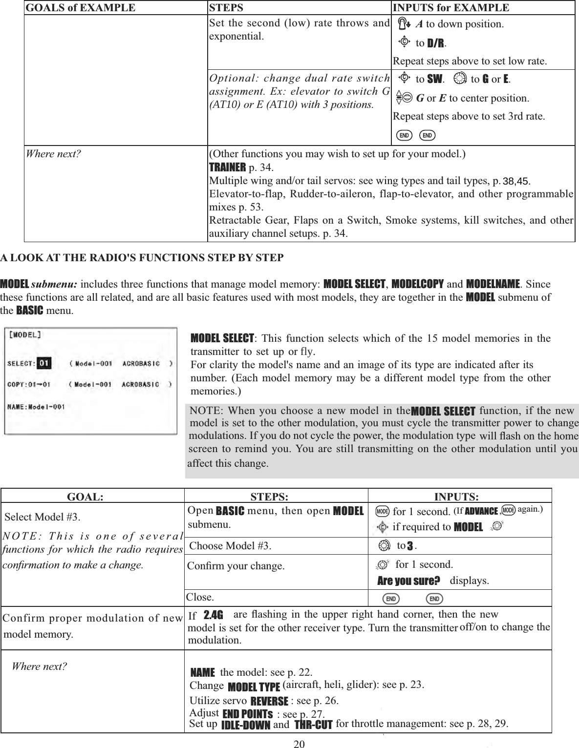 20     GOALS of EXAMPLE STEPS INPUTS for EXAMPLE  Set the second (low) rate throws and exponential.A to down position.Cto D/R.Repeat steps above to set low rate.Optional: change dual rate switch assignment. Ex: elevator to switch G (AT10) or E (AT10) with 3 positions.Cto SW. to G or E.G or E to center position.Repeat steps above to set 3rd rate.Where next? (Other functions you may wish to set up for your model.) TRAINER p. 34. 0XOWLSOHZLQJDQGRUWDLOVHUYRVVHHZLQJW\SHVDQGWDLOW\SHVSElevator-to-flap, Rudder-to-aileron, flap-to-elevator, and other programmable mixes p. 53.Retractable Gear, Flaps on a Switch, Smoke systems, kill switches, and other auxiliary channel setups. p. 34. $/22.$77+(5$&apos;,26)81&amp;7,21667(3%&lt;67(3MODEL submenu: includes three functions that manage model memory: MODEL SELECT,MODELCOPY and MODELNAME. Since these functions are all related, and are all basic features used with most models, they are together in the MODEL submenu of the BASIC menu. NOTE: When you choose a new model in the MODEL SELECT function, if the new model is set to the other modulation, you must cycle the transmitter power to change PRGXODWLRQV,I\RXGRQRWF\FOHWKHSRZHUWKHPRGXODWLRQW\SHZLOOÀDVKRQWKHKRPHscreen to remind you. You are still transmitting on the other modulation until you affect this change. GOAL: STEPS: INPUTS:Select Model #3. NOTE: This is one of several functions for which the radio requires FRQ¿UPDWLRQWRPDNHDFKDQJHOpen BASIC menu, then open MODELsubmenu.for 1 second. (If ADVANCE ,again.)if required to MODELChoose Model #3. to 3.&amp;RQ¿UP\RXUFKDQJH for 1 second.Are you sure?  displays.Close.Confirm proper modulation of new model memory.If  2.4G  DUH ÀDVKLQJ LQ WKH XSSHU ULJKW KDQG FRUQHU WKHQ WKH QHZPRGHOLVVHWIRUWKHRWKHUUHFHLYHUW\SH7XUQWKHWUDQVPLWWHURIIRQWRFKDQJHWKHmodulation.Where next? NAME  the model: see p. 22.Change MODEL TYPE (aircraft, heli, glider): see p. 23.Utilize servo REVERSE : see p. 26.Adjust END POINTs : see p. 27.Set up IDLE-DOWN and  THR-CUT for throttle management: see p. 28, 29.MODEL SELECT: This function selects which of the 15 model memories in the WUDQVPLWWHU WR VHW XS RUfly.)RUFODULW\WKHPRGHOVQDPHDQGDQLPDJHRILWVW\SHDUHLQGLFDWHGDIWHULWVnumber. (Each model memory may be a different model type from the other memories.) 38,45.