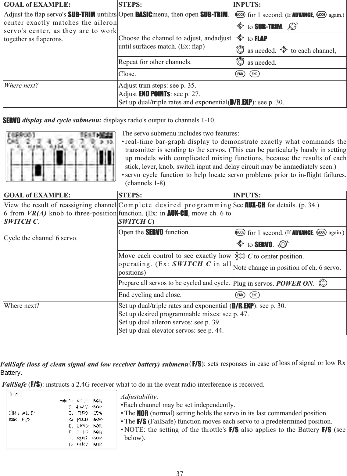 37   GOAL of EXAMPLE: STEPS: INPUTS:$GMXVWWKHÀDSVHUYRVSUB-TRIM untilits center exactly matches the aileron servo&apos;s center, as they are to work WRJHWKHUDVÀDSHURQVOpen BASICmenu, then open SUB-TRIM.for 1 second. (If ADVANCE, again.)Cto SUB-TRIM.Choose the channel to adjust, andadjust XQWLOVXUIDFHVPDWFK([ÀDSCto FLAPas needed.Cto each channel, Repeat for other channels. as needed.Close.Where next? Adjust trim steps: see p. 35.Adjust END POINTs: see p. 27.6HWXSGXDOWULSOHUDWHVDQGH[SRQHQWLDOD/R,EXP): see p. 30.The servo submenu includes two features: • real-time bar-graph display to demonstrate exactly what commands the transmitter is sending to the servos. (This can be particularly handy in setting up models with complicated mixing functions, because the results of each stick, lever, knob, switch input and delay circuit may be immediately seen.) VHUYR F\FOH IXQFWLRQ WR KHOS ORFDWH VHUYR SUREOHPV SULRU WR LQÀLJKW IDLOXUHV(channels 1-8)GOAL of EXAMPLE: STEPS: INPUTS:View the result of reassigning channel 6 from VR(A) knob to three-position SWITCH C.Cycle the channel 6 servo.Complete desired programming function. (Ex: in AUX-CH, move ch. 6 to SWITCH C)See AUX-CH for details. (p. 34.)Open the SERVO function. for 1 second. (If ADVANCE, again.)Cto SERVO.Move each control to see exactly how operating. (Ex: SWITCH C in all positions)C to center position.Note change in position of ch. 6 servo.Prepare all servos to be cycled and cycle.Plug in servos. POWER ON.End cycling and close.Where next? 6HWXSGXDOWULSOHUDWHVDQGH[SRQHQWLDOD/R,EXP): see p. 30.Set up desired programmable mixes: see p. 47.Set up dual aileron servos: see p. 39.Set up dual elevator servos: see p. 44.SERVO display and cycle submenu: displays radio&apos;s output to channels 1-10. FailSafe (loss of clean signal and low receiver battery) submenu F/S): sets responses in case of loss of signal or low Rx FailSafe (F/SLQVWUXFWVD*UHFHLYHUZKDWWRGRLQWKHHYHQWUDGLRLQWHUIHUHQFHLVUHFHLYHGAdjustability:•Each channel may be set independently. • The NOR (normal) setting holds the servo in its last commanded position. • The F/S (FailSafe) function moves each servo to a predetermined position. • NOTE: the setting of the throttle&apos;s F/S also applies to the Battery F/S (see below). (Battery.