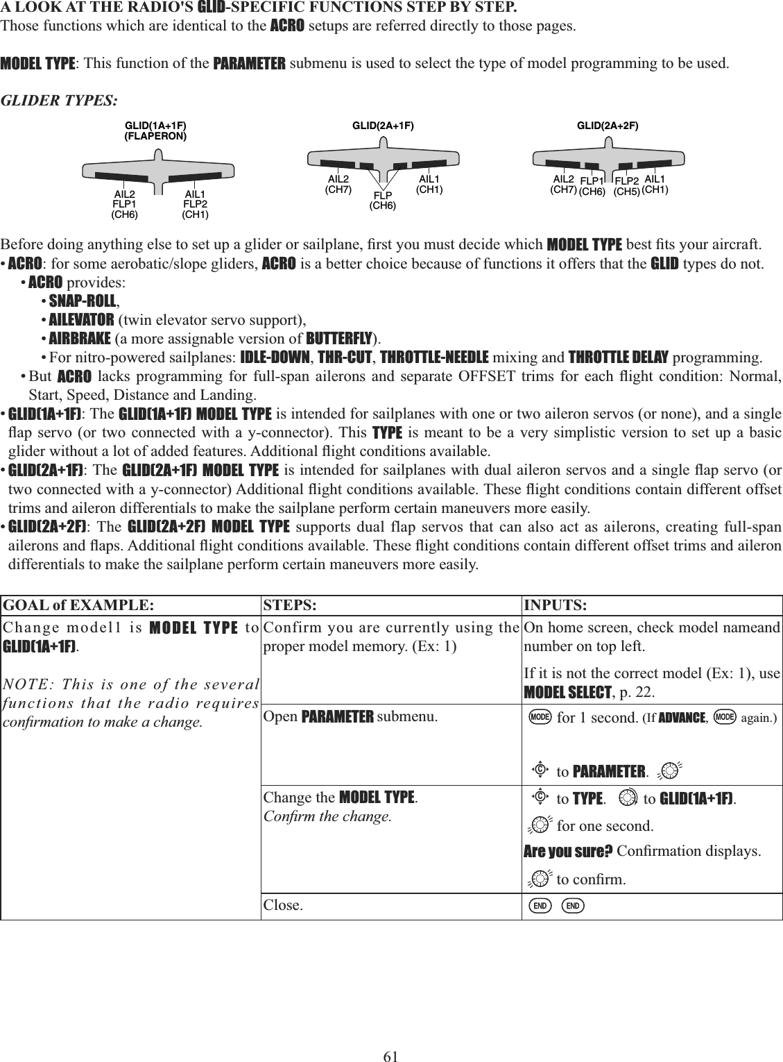 61   $/22.$77+(5$&apos;,26GLID-SPECIFIC FUNCTIONS STEP BY STEP. Those functions which are identical to the ACRO setups are referred directly to those pages.MODEL TYPE: This function of the PARAMETER submenu is used to select the type of model programming to be used.GLIDER TYPES: %HIRUHGRLQJDQ\WKLQJHOVHWRVHWXSDJOLGHURUVDLOSODQH¿UVW\RXPXVWGHFLGHZKLFKMODEL TYPEEHVW¿WV\RXUDLUFUDIW•ACROIRUVRPHDHUREDWLFVORSHJOLGHUVACRO is a better choice because of functions it offers that the GLID types do not. •ACRO provides: •SNAP-ROLL,•AILEVATOR (twin elevator servo support), •AIRBRAKE (a more assignable version of BUTTERFLY).• For nitro-powered sailplanes: IDLE-DOWN,THR-CUT,THROTTLE-NEEDLE mixing and THROTTLE DELAY programming. • But ACRO ODFNV SURJUDPPLQJ IRU IXOOVSDQ DLOHURQV DQG VHSDUDWH 2))6(7 WULPV IRU HDFK ÀLJKW FRQGLWLRQ 1RUPDOStart, Speed, Distance and Landing. •GLID(1A+1F): The GLID(1A+1F) MODEL TYPE is intended for sailplanes with one or two aileron servos (or none), and a single ÀDSVHUYR RUWZRFRQQHFWHG ZLWKD \FRQQHFWRU7KLVTYPE is meant to be a very simplistic version to set up a basic JOLGHUZLWKRXWDORWRIDGGHGIHDWXUHV$GGLWLRQDOÀLJKWFRQGLWLRQVDYDLODEOH•GLID(2A+1F): The GLID(2A+1F) MODEL TYPELVLQWHQGHGIRUVDLOSODQHVZLWKGXDODLOHURQVHUYRVDQGDVLQJOHÀDSVHUYRRUWZRFRQQHFWHGZLWKD\FRQQHFWRU$GGLWLRQDOÀLJKWFRQGLWLRQVDYDLODEOH7KHVHÀLJKWFRQGLWLRQVFRQWDLQGLIIHUHQWRIIVHWtrims and aileron differentials to make the sailplane perform certain maneuvers more easily.•GLID(2A+2F): The GLID(2A+2F) MODEL TYPE supports dual flap servos that can also act as ailerons, creating full-span DLOHURQVDQGÀDSV$GGLWLRQDOÀLJKWFRQGLWLRQVDYDLODEOH7KHVHÀLJKWFRQGLWLRQVFRQWDLQGLIIHUHQWRIIVHWWULPVDQGDLOHURQdifferentials to make the sailplane perform certain maneuvers more easily.GOAL of EXAMPLE: STEPS: INPUTS:Change model1 is MODEL TYPE to GLID(1A+1F).NOTE: This is one of the several functions that the radio requires FRQ¿UPDWLRQWRPDNHDFKDQJHConfirm you are currently using the proper model memory. (Ex: 1) On home screen, check model nameand number on top left.If it is not the correct model (Ex: 1), use MODEL SELECT, p. 22.Open PARAMETER submenu. for 1 second. (If ADVANCE, again.)Cto PARAMETER.Change the MODEL TYPE.&amp;RQ¿UPWKHFKDQJHCto TYPE. to GLID(1A+1F).for one second.Are you sure?&amp;RQ¿UPDWLRQGLVSOD\VWRFRQ¿UPClose.GLID(1A+1F)(FLAPERON)AIL1FLP2(CH1)AIL2FLP1(CH6)AIL1(CH1)AIL2(CH7) FLP(CH6)GLID(2A+1F)AIL1(CH1)FLP1(CH6)FLP2(CH5)AIL2(CH7)GLID(2A+2F)