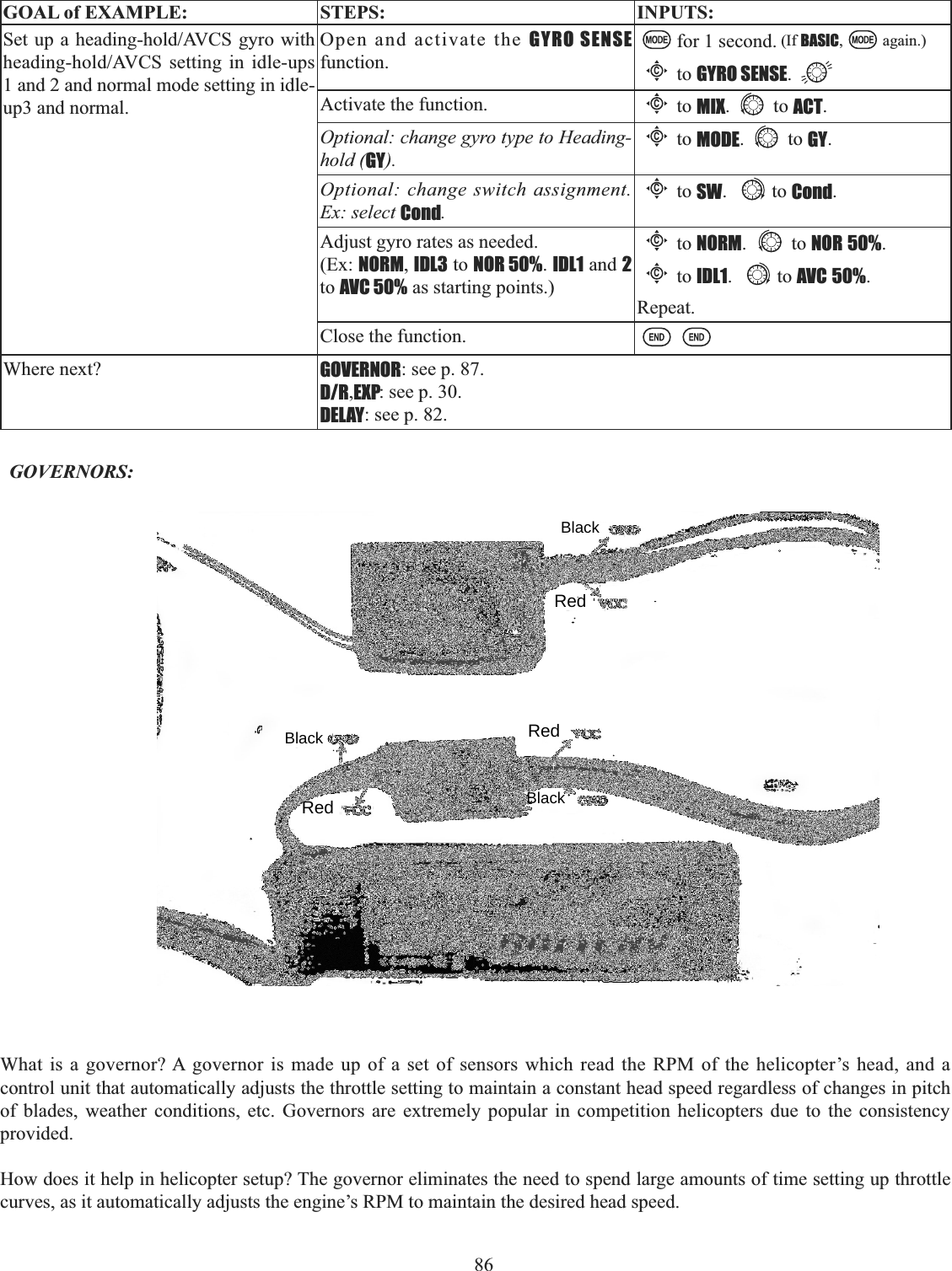 86GOAL of EXAMPLE: STEPS: INPUTS:6HWXSDKHDGLQJKROG$9&amp;6J\URZLWKKHDGLQJKROG$9&amp;6 VHWWLQJ LQ LGOHXSV1 and 2 and normal mode setting in idle-up3 and normal.Open and activate the GYRO SENSEfunction.for 1 second. (If BASIC, again.)Cto GYRO SENSE.Activate the function.Cto MIX. to ACT.Optional: change gyro type to Heading-hold (GY).Cto MODE. to GY.Optional: change switch assignment. Ex: select Cond.Cto SW. to Cond.Adjust gyro rates as needed. (Ex: NORM,IDL3 to NOR 50%.IDL1 and 2to AVC 50% as starting points.)Cto NORM. to NOR 50%.Cto IDL1. to AVC 50%.Repeat.Close the function.Where next? GOVERNOR: see p. 87.D/R,EXP: see p. 30.DELAY: see p. 82.GOVERNORS:What is a governor? A governor is made up of a set of sensors which read the RPM of the helicopter’s head, and a control unit that automatically adjusts the throttle setting to maintain a constant head speed regardless of changes in pitch of blades, weather conditions, etc. Governors are extremely popular in competition helicopters due to the consistency provided.How does it help in helicopter setup? The governor eliminates the need to spend large amounts of time setting up throttle curves, as it automatically adjusts the engine’s RPM to maintain the desired head speed. RedRedRedBlackBlackBlack