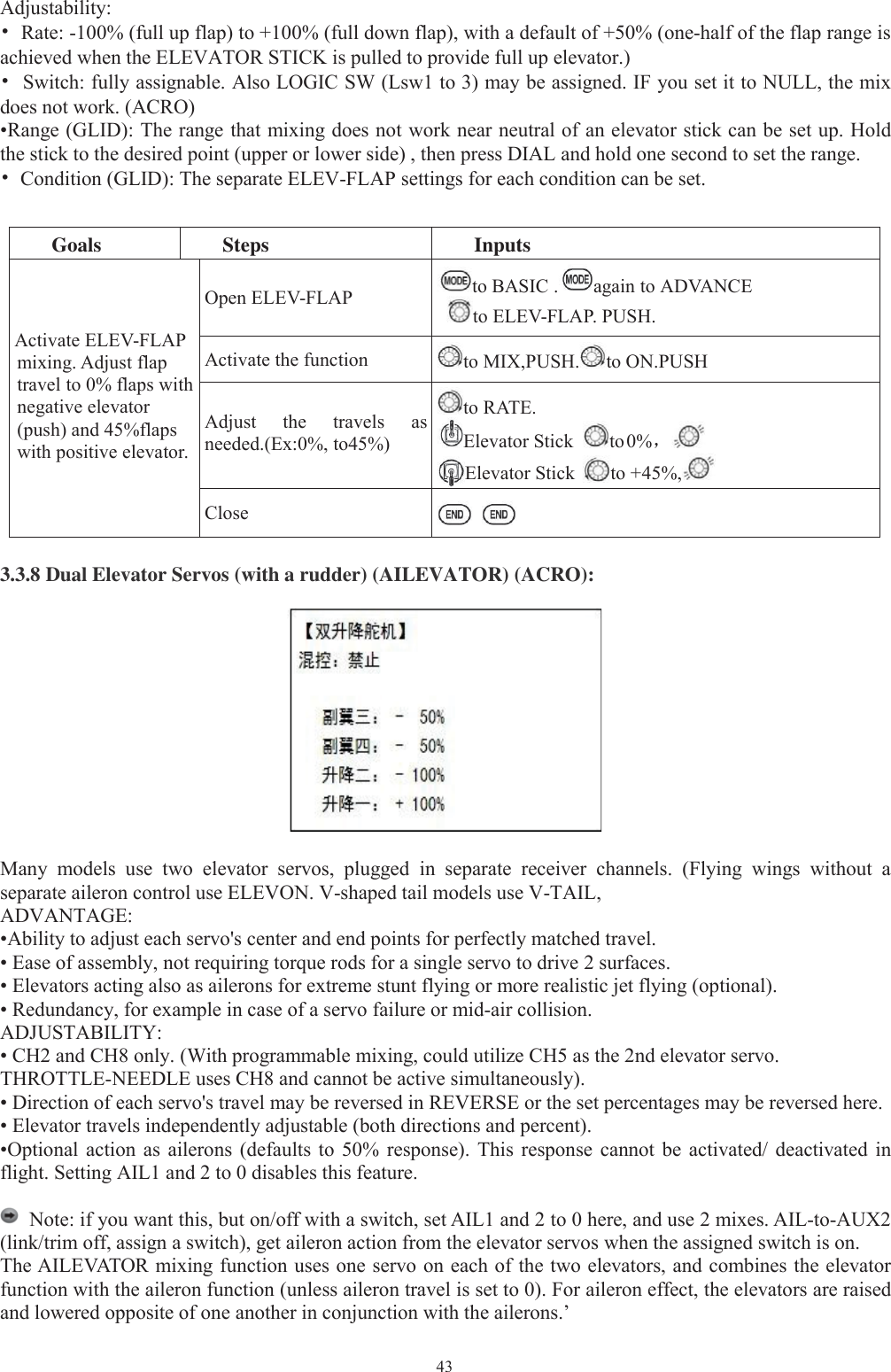 43Adjustability:•Rate: -100% (full up flap) to +100% (full down flap), with a default of +50% (one-half of the flap range isachieved when the ELEVATOR STICK is pulled to provide full up elevator.)•Switch: fully assignable. Also LOGIC SW (Lsw1 to 3) may be assigned. IF you set it to NULL, the mixdoes not work. (ACRO)•Range (GLID): The range that mixing does not work near neutral of an elevator stick can be set up. Holdthe stick to the desired point (upper or lower side) , then press DIAL and hold one second to set the range.•Condition (GLID): The separate ELEV-FLAP settings for each condition can be set.Goals Steps InputsActivate ELEV-FLAPmixing. Adjust flaptravel to 0% flaps withnegative elevator(push) and 45%flapswith positive elevator.Open ELEV-FLAP to BASIC . again to ADVANCEto ELEV-FLAP. PUSH.Activate the function to MIX,PUSH. to ON.PUSHAdjust the travels asneeded.(Ex:0%, to45%)to RATE.Elevator Stick to0%，Elevator Stick to +45%,Close3.3.8 Dual Elevator Servos (with a rudder) (AILEVATOR) (ACRO):Many models use two elevator servos, plugged in separate receiver channels. (Flying wings without aseparate aileron control use ELEVON. V-shaped tail models use V-TAIL,ADVANTAGE:•Ability to adjust each servo&apos;s center and end points for perfectly matched travel.• Ease of assembly, not requiring torque rods for a single servo to drive 2 surfaces.• Elevators acting also as ailerons for extreme stunt flying or more realistic jet flying (optional).• Redundancy, for example in case of a servo failure or mid-air collision.ADJUSTABILITY:• CH2 and CH8 only. (With programmable mixing, could utilize CH5 as the 2nd elevator servo.THROTTLE-NEEDLE uses CH8 and cannot be active simultaneously).• Direction of each servo&apos;s travel may be reversed in REVERSE or the set percentages may be reversed here.• Elevator travels independently adjustable (both directions and percent).•Optional action as ailerons (defaults to 50% response). This response cannot be activated/ deactivated inflight. Setting AIL1 and 2 to 0 disables this feature.Note: if you want this, but on/off with a switch, set AIL1 and 2 to 0 here, and use 2 mixes. AIL-to-AUX2(link/trim off, assign a switch), get aileron action from the elevator servos when the assigned switch is on.The AILEVATOR mixing function uses one servo on each of the two elevators, and combines the elevatorfunction with the aileron function (unless aileron travel is set to 0). For aileron effect, the elevators are raisedand lowered opposite of one another in conjunction with the ailerons.’