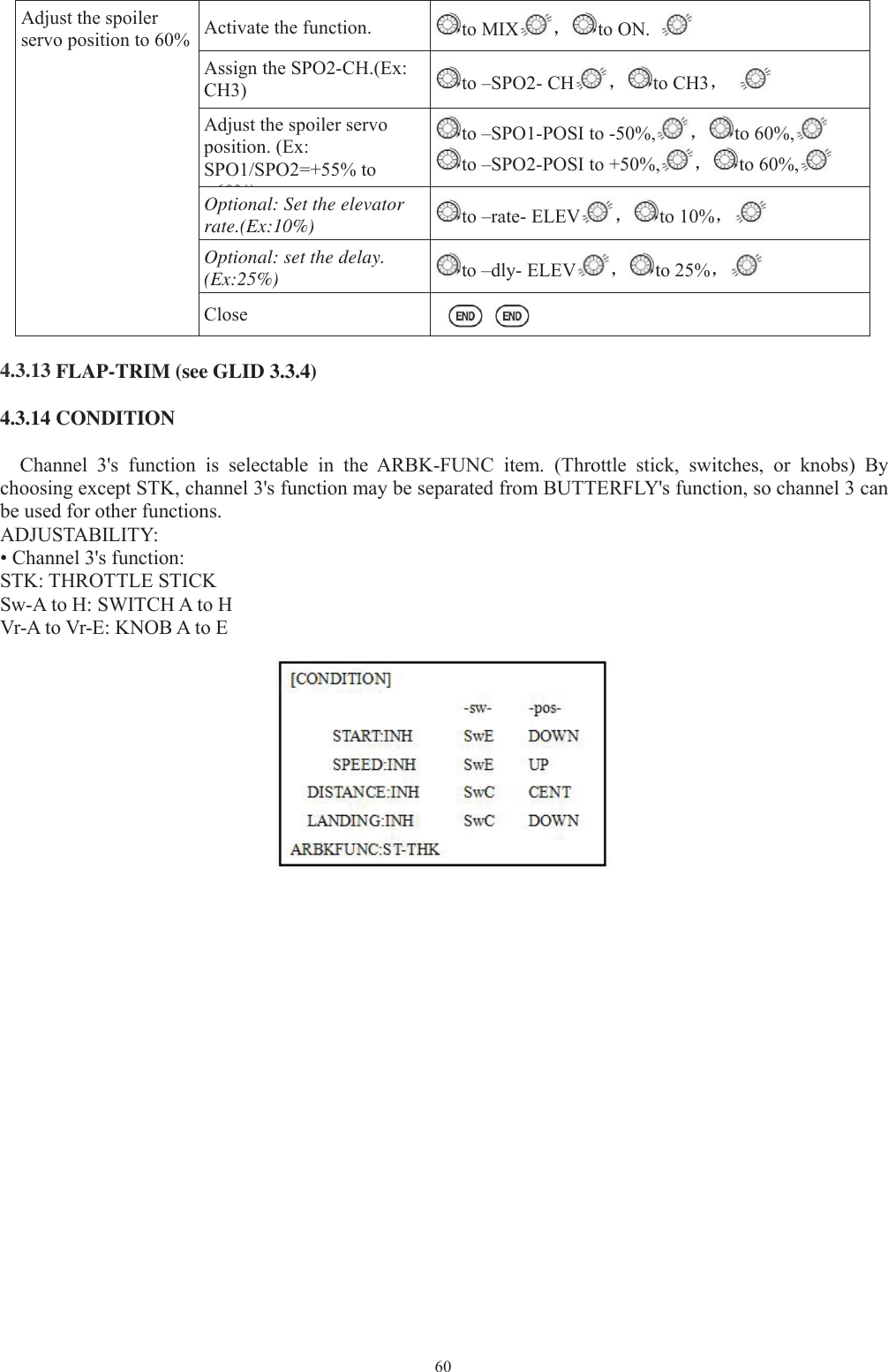 60Adjust the spoilerservo position to 60% Activate the function. to MIX ，to ON.Assign the SPO2-CH.(Ex:CH3) to –SPO2- CH ，to CH3，Adjust the spoiler servoposition. (Ex:SPO1/SPO2=+55% to60%)to –SPO1-POSI to -50%, ，to 60%,to –SPO2-POSI to +50%, ，to 60%,Optional: Set the elevatorrate.(Ex:10%) to –rate- ELEV ，to 10%，Optional: set the delay.(Ex:25%) to –dly- ELEV ，to 25%，Close4.3.13 FLAP-TRIM (see GLID 3.3.4)4.3.14 CONDITIONChannel 3&apos;s function is selectable in the ARBK-FUNC item. (Throttle stick, switches, or knobs) Bychoosing except STK, channel 3&apos;s function may be separated from BUTTERFLY&apos;s function, so channel 3 canbe used for other functions.ADJUSTABILITY:• Channel 3&apos;s function:STK: THROTTLE STICKSw-A to H: SWITCH A to HVr-A to Vr-E: KNOB A to E