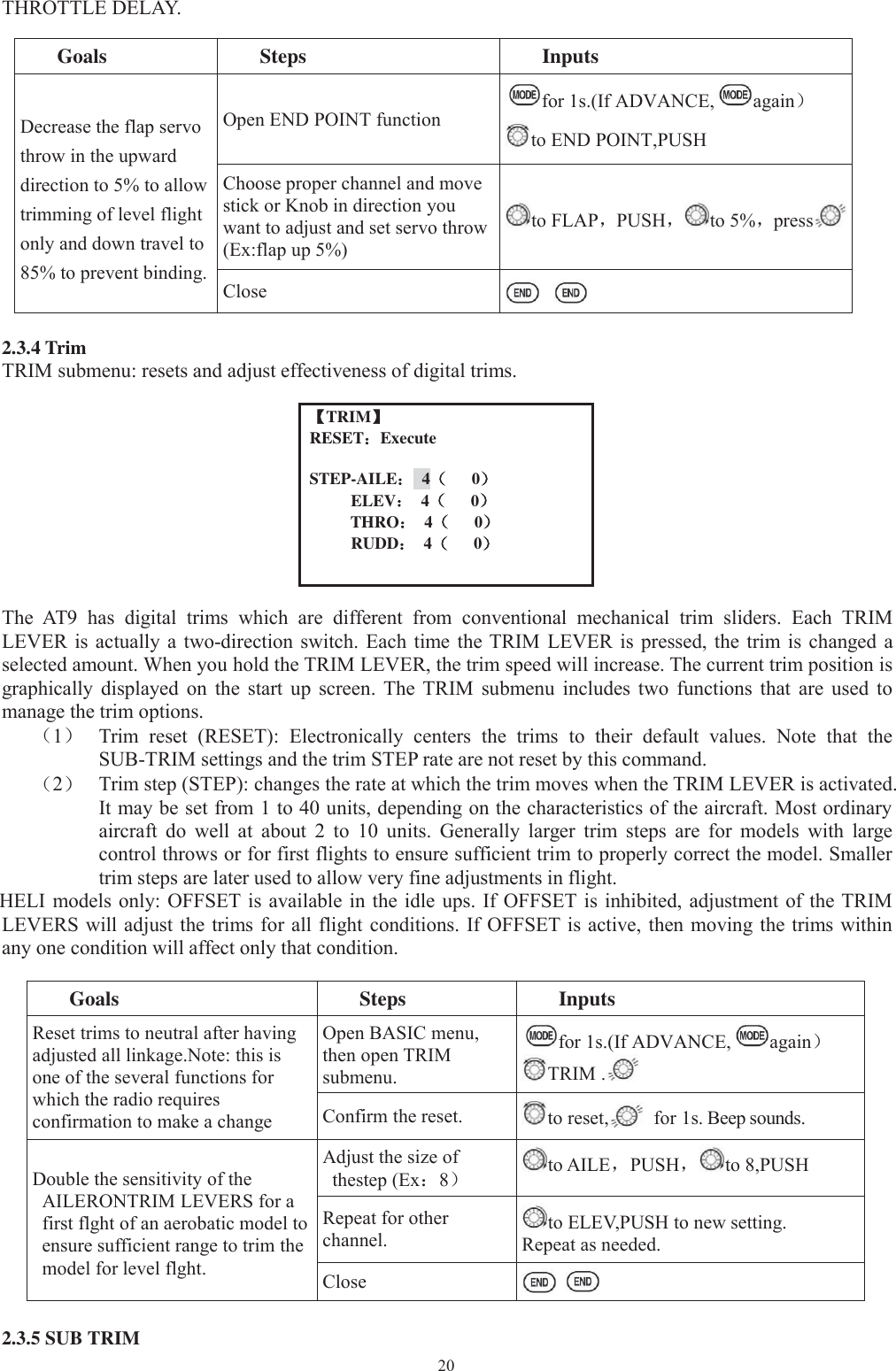 20THROTTLE DELAY.Goals Steps InputsDecrease the flap servothrow in the upwarddirection to 5% to allowtrimming of level flightonly and down travel to85% to prevent binding.Open END POINT functionfor 1s.(If ADVANCE, again）to END POINT,PUSHChoose proper channel and movestick or Knob in direction youwant to adjust and set servo throw(Ex:flap up 5%)to FLAP，PUSH，to 5%，pressClose2.3.4 TrimTRIM submenu: resets and adjust effectiveness of digital trims.【TRIM】RESET：ExecuteSTEP-AILE：4（0）ELEV：4（0）THRO：4（0）RUDD：4（0）The AT9 has digital trims which are different from conventional mechanical trim sliders. Each TRIMLEVER is actually a two-direction switch. Each time the TRIM LEVER is pressed, the trim is changed aselected amount. When you hold the TRIM LEVER, the trim speed will increase. The current trim position isgraphically displayed on the start up screen. The TRIM submenu includes two functions that are used tomanage the trim options.（1）Trim reset(RESET): Electronicallycenters the trims to their default values. Note that theSUB-TRIM settings and the trim STEP rate are not reset by this command.（2）Trim step (STEP): changes the rate at which the trim moves when the TRIM LEVER is activated.It may be set from 1 to 40 units, depending on the characteristics of the aircraft. Most ordinaryaircraft do well at about 2 to 10 units. Generally larger trim steps are for models with largecontrol throws or for first flights to ensure sufficient trim to properly correct the model. Smallertrim steps are later used to allow very fine adjustments in flight.HELI models only: OFFSET is available in the idle ups. If OFFSET is inhibited, adjustment of the TRIMLEVERS will adjust the trims for all flight conditions. If OFFSET is active, then moving the trims withinany one condition will affect only that condition.Goals Steps InputsReset trims to neutral after havingadjusted all linkage.Note: this isone of the several functions forwhich the radio requiresconfirmation to make a changeOpen BASIC menu,then open TRIMsubmenu.for 1s.(If ADVANCE, again）TRIM .Confirm the reset. to reset, for 1s. Beep sounds.Double the sensitivity of theAILERONTRIM LEVERS for afirst flght of an aerobatic model toensure sufficient range to trim themodel for level flght.Adjust the size ofthestep (Ex：8）to AILE，PUSH，to 8,PUSHRepeat for otherchannel.to ELEV,PUSH to new setting.Repeat as needed.Close2.3.5 SUB TRIM
