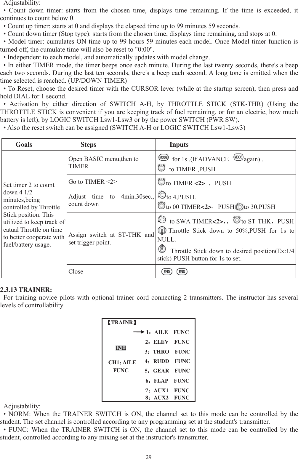 29Adjustability:• Count down timer: starts from the chosen time, displays time remaining. If the time is exceeded, itcontinues to count below 0.• Count up timer: starts at 0 and displays the elapsed time up to 99 minutes 59 seconds.• Count down timer (Stop type): starts from the chosen time, displays time remaining, and stops at 0.• Model timer: cumulates ON time up to 99 hours 59 minutes each model. Once Model timer function isturned off, the cumulate time will also be reset to &quot;0:00&quot;.• Independent to each model, and automatically updates with model change.• In either TIMER mode, the timer beeps once each minute. During the last twenty seconds, there&apos;s a beepeach two seconds. During the last ten seconds, there&apos;s a beep each second. A long tone is emitted when thetime selected is reached. (UP/DOWN TIMER)• To Reset, choose the desired timer with the CURSOR lever (while at the startup screen), then press andhold DIAL for 1 second.• Activation by either direction of SWITCH A-H, by THROTTLE STICK (STK-THR) (Using theTHROTTLE STICK is convenient if you are keeping track of fuel remaining, or for an electric, how muchbattery is left), by LOGIC SWITCH Lsw1-Lsw3 or by the power SWITCH (PWR SW).• Also the reset switch can be assigned (SWITCH A-H or LOGIC SWITCH Lsw1-Lsw3)Goals Steps InputsSet timer 2 to countdown 4 1/2minutes,beingcontrolled by ThrottleStick position. Thisutilized to keep track ofcatual Throttle on timeto better cooperate withfuel/battery usage.Open BASIC menu,then toTIMERfor 1s .(If ADVANCE again) .to TIMER ,PUSHGo to TIMER &lt;2&gt; to TIMER &lt;2&gt; ，PUSHAdjust time to 4min.30sec.,count downto 4,PUSH.to 00 TIMER&lt;2&gt;，PUSH to 30,PUSHAssign switch at ST-THK andset trigger point.to SWA TIMER&lt;2&gt;，， to ST-THK，PUSHThrottle Stick down to 50%,PUSH for 1s toNULL.Throttle Stick down to desired position(Ex:1/4stick) PUSH button for 1s to set.Close2.3.13 TRAINER:For training novice pilots with optional trainer cord connecting 2 transmitters. The instructor has severallevels of controllability.【TRAINR】1：AILE FUNCINH 2：ELEV FUNC3：THRO FUNCCH1：AILE 4：RUDD FUNCFUNC 5：GEAR FUNC6：FLAP FUNC7：AUX1 FUNC8：AUX2 FUNCAdjustability:• NORM: When the TRAINER SWITCH is ON, the channel set to this mode can be controlled by thestudent. The set channel is controlled according to any programming set at the student&apos;s transmitter.• FUNC: When the TRAINER SWITCH is ON, the channel set to this mode can be controlled by thestudent, controlled according to any mixing set at the instructor&apos;s transmitter.