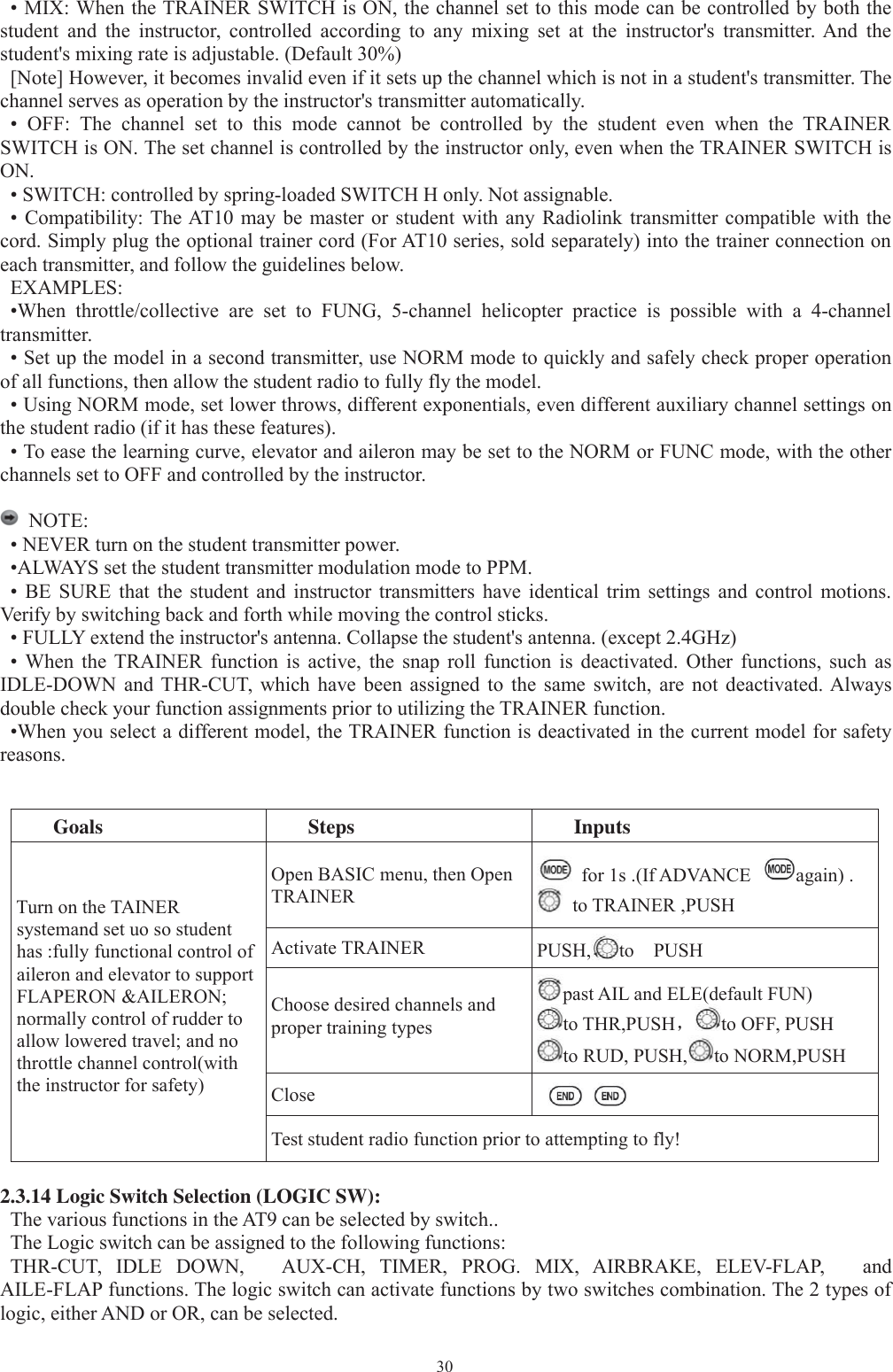 30• MIX: When the TRAINER SWITCH is ON, the channel set to this mode can be controlled by both thestudent and the instructor, controlled according to any mixing set at the instructor&apos;s transmitter. And thestudent&apos;s mixing rate is adjustable. (Default 30%)[Note] However, it becomes invalid even if it sets up the channel which is not in a student&apos;s transmitter. Thechannel serves as operation by the instructor&apos;s transmitter automatically.• OFF: The channel set to this mode cannot be controlled by the student even when the TRAINERSWITCH is ON. The set channel is controlled by the instructor only, even when the TRAINER SWITCH isON.• SWITCH: controlled by spring-loaded SWITCH H only. Not assignable.• Compatibility: The AT10 may be master or student with any Radiolink transmitter compatible with thecord. Simply plug the optional trainer cord (For AT10 series, sold separately) into the trainer connection oneach transmitter, and follow the guidelines below.EXAMPLES:•When throttle/collective are set to FUNG, 5-channel helicopter practice is possible with a 4-channeltransmitter.• Set up the model in a second transmitter, use NORM mode to quickly and safely check proper operationof all functions, then allow the student radio to fully fly the model.• Using NORM mode, set lower throws, different exponentials, even different auxiliary channel settings onthe student radio (if it has these features).• To ease the learning curve, elevator and aileron may be set to the NORM or FUNC mode, with the otherchannels set to OFF and controlled by the instructor.NOTE:• NEVER turn on the student transmitter power.•ALWAYS set the student transmitter modulation mode to PPM.• BE SURE that the student and instructor transmitters have identical trim settings and control motions.Verify by switching back and forth while moving the control sticks.• FULLY extend the instructor&apos;s antenna. Collapse the student&apos;s antenna. (except 2.4GHz)• When the TRAINER function is active, the snap roll function is deactivated. Other functions, such asIDLE-DOWN and THR-CUT, which have been assigned to the same switch, are not deactivated. Alwaysdouble check your function assignments prior to utilizing the TRAINER function.•When you select a different model, the TRAINER function is deactivated in the current model for safetyreasons.Goals Steps InputsTurn on the TAINERsystemand set uo so studenthas :fully functional control ofaileron and elevator to supportFLAPERON &amp;AILERON;normally control of rudder toallow lowered travel; and nothrottle channel control(withthe instructor for safety)Open BASIC menu, then OpenTRAINERfor 1s .(If ADVANCE again) .to TRAINER ,PUSHActivate TRAINER PUSH, to PUSHChoose desired channels andproper training typespast AIL and ELE(default FUN)to THR,PUSH，to OFF, PUSHto RUD, PUSH, to NORM,PUSHCloseTest student radio function prior to attempting to fly!2.3.14 Logic Switch Selection (LOGIC SW):The various functions in the AT9 can be selected by switch..The Logic switch can be assigned to the following functions:THR-CUT, IDLE DOWN, AUX-CH, TIMER, PROG. MIX, AIRBRAKE, ELEV-FLAP, andAILE-FLAP functions. The logic switch can activate functions by two switches combination. The 2 types oflogic, either AND or OR, can be selected.