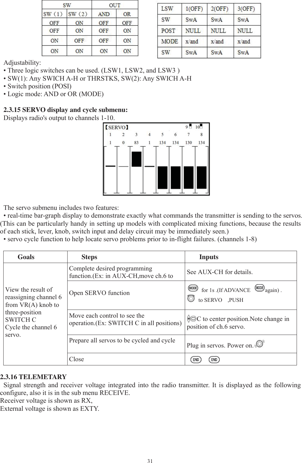 31Adjustability:• Three logic switches can be used. (LSW1, LSW2, and LSW3 )• SW(1): Any SWICH A-H or THRSTKS, SW(2): Any SWICH A-H• Switch position (POSI)• Logic mode: AND or OR (MODE)2.3.15 SERVO display and cycle submenu:Displays radio&apos;s output to channels 1-10.The servo submenu includes two features:• real-time bar-graph display to demonstrate exactly what commands the transmitter is sending to the servos.(This can be particularly handy in setting up models with complicated mixing functions, because the resultsof each stick, lever, knob, switch input and delay circuit may be immediately seen.)• servo cycle function to help locate servo problems prior to in-flight failures. (channels 1-8)Goals Steps InputsView the result ofreassigning channel 6from VR(A) knob tothree-positionSWITCH CCycle the channel 6servo.Complete desired programmingfunction.(Ex: in AUX-CH,move ch.6 to See AUX-CH for details.Open SERVO function for 1s .(If ADVANCE again) .to SERVO ,PUSHMove each control to see theoperation.(Ex: SWITCH C in all positions) C to center position.Note change inposition of ch.6 servo.Prepare all servos to be cycled and cycle Plug in servos. Power on.Close2.3.16 TELEMETARYSignal strength and receiver voltage integrated into the radio transmitter. It is displayed as the followingconfigure, also it is in the sub menu RECEIVE.Receiver voltage is shown as RX,External voltage is shown as EXTY.