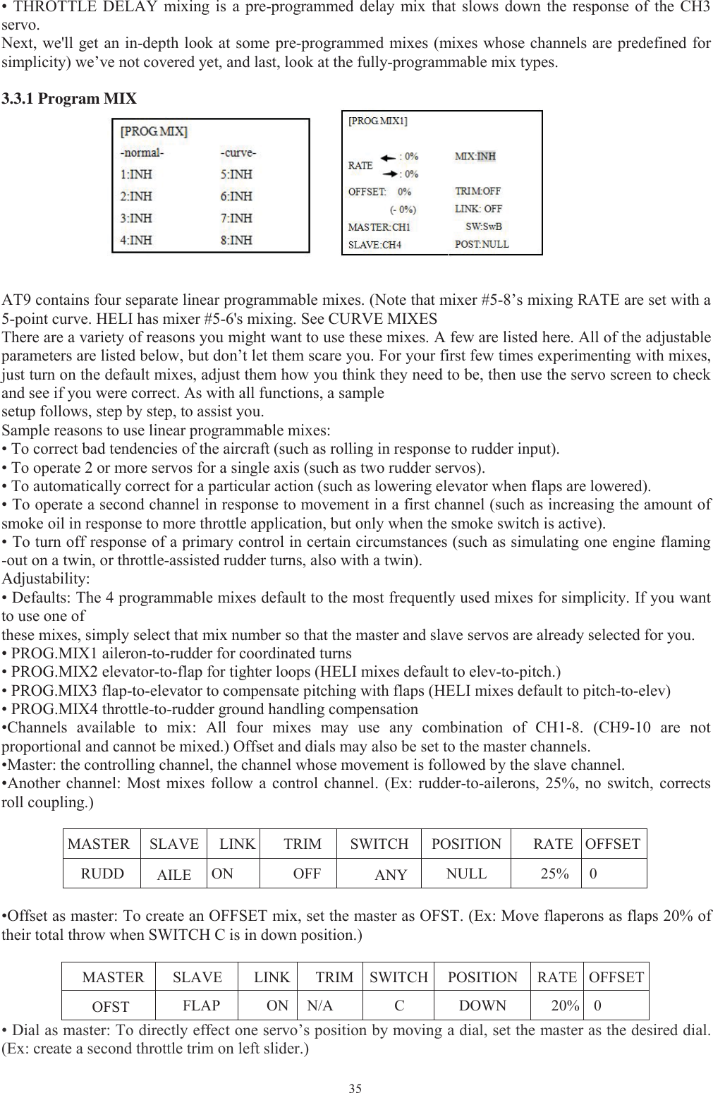 35• THROTTLE DELAY mixing is a pre-programmed delay mix that slows down the response of the CH3servo.Next, we&apos;ll get an in-depth look at some pre-programmed mixes (mixes whose channels are predefined forsimplicity) we’ve not covered yet, and last, look at the fully-programmable mix types.3.3.1 Program MIXAT9 contains four separate linear programmable mixes. (Note that mixer #5-8’s mixing RATE are set with a5-point curve. HELI has mixer #5-6&apos;s mixing. See CURVE MIXESThere are a variety of reasons you might want to use these mixes. A few are listed here. All of the adjustableparameters are listed below, but don’t let them scare you. For your first few times experimenting with mixes,just turn on the default mixes, adjust them how you think they need to be, then use the servo screen to checkand see if you were correct. As with all functions, a samplesetup follows, step by step, to assist you.Sample reasons to use linear programmable mixes:• To correct bad tendencies of the aircraft (such as rolling in response to rudder input).• To operate 2 or more servos for a single axis (such as two rudder servos).• To automatically correct for a particular action (such as lowering elevator when flaps are lowered).• To operate a second channel in response to movement in a first channel (such as increasing the amount ofsmoke oil in response to more throttle application, but only when the smoke switch is active).• To turn off response of a primary control in certain circumstances (such as simulating one engine flaming-out on a twin, or throttle-assisted rudder turns, also with a twin).Adjustability:• Defaults: The 4 programmable mixes default to the most frequently used mixes for simplicity. If you wantto use one ofthese mixes, simply select that mix number so that the master and slave servos are already selected for you.• PROG.MIX1 aileron-to-rudder for coordinated turns• PROG.MIX2 elevator-to-flap for tighter loops (HELI mixes default to elev-to-pitch.)• PROG.MIX3 flap-to-elevator to compensate pitching with flaps (HELI mixes default to pitch-to-elev)• PROG.MIX4 throttle-to-rudder ground handling compensation•Channels available to mix: All four mixes may use any combination of CH1-8. (CH9-10 are notproportional and cannot be mixed.) Offset and dials may also be set to the master channels.•Master: the controlling channel, the channel whose movement is followed by the slave channel.•Another channel: Most mixes follow a control channel. (Ex: rudder-to-ailerons, 25%, no switch, correctsroll coupling.)MASTER SLAVE LINK TRIM SWITCH POSITION RATE OFFSETRUDD AILE ON OFF ANY NULL 25% 0•Offset as master: To create an OFFSET mix, set the master as OFST. (Ex: Move flaperons as flaps 20% oftheir total throw when SWITCH C is in down position.)MASTER SLAVE LINK TRIM SWITCH POSITION RATE OFFSETOFST FLAP ON N/A C DOWN 20% 0• Dial as master: To directly effect one servo’s position by moving a dial, set the master as the desired dial.(Ex: create a second throttle trim on left slider.)