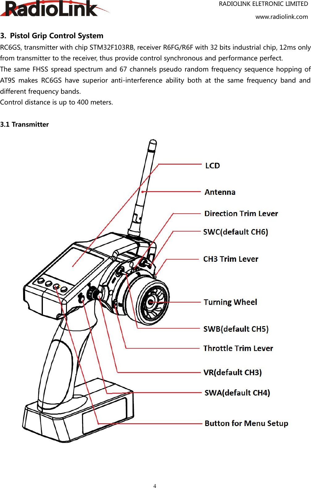 RADIOLINK ELETRONIC LIMITEDwww.radiolink.com43. Pistol Grip Control SystemRC6GS, transmitter with chip STM32F103RB, receiver R6FG/R6F with 32 bits industrial chip, 12ms onlyfrom transmitter to the receiver, thus provide control synchronous and performance perfect.The same FHSS spread spectrum and 67 channels pseudo random frequency sequence hopping ofAT9S makes RC6GS have superior anti-interference ability both at the same frequency band anddifferent frequency bands.Control distance is up to 400 meters.3.1 Transmitter