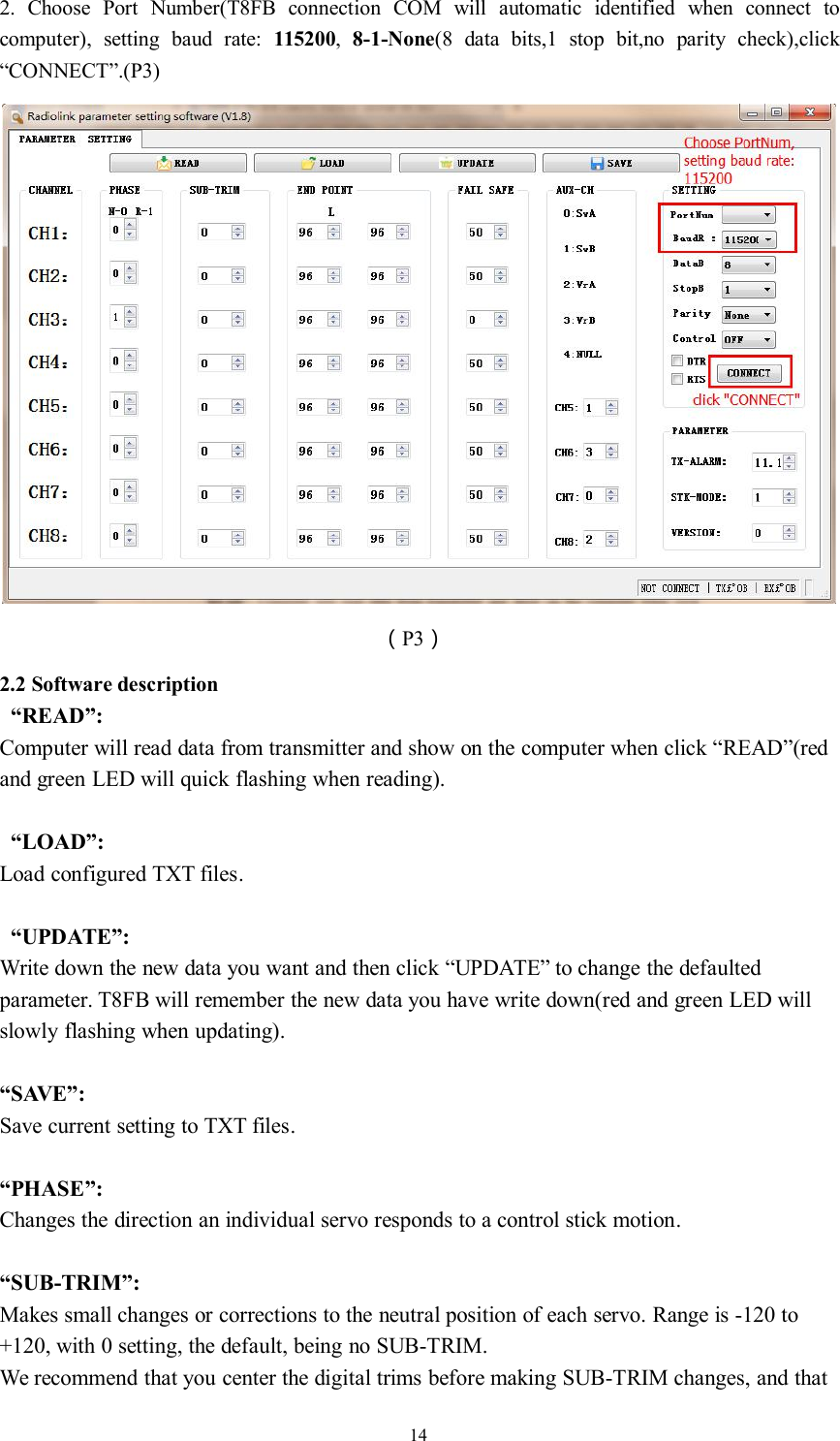 142. Choose Port Number(T8FB connection COM will automatic identified when connect tocomputer), setting baud rate: 115200,8-1-None(8 data bits,1 stop bit,no parity check),click“CONNECT”.(P3)（P3）2.2 Software description“READ”:Computer will read data from transmitter and show on the computer when click “READ”(redand green LED will quick flashing when reading).“LOAD”:Load configured TXT files.“UPDATE”:Write down the new data you want and then click “UPDATE” to change the defaultedparameter. T8FB will remember the new data you have write down(red and green LED willslowly flashing when updating).“SAVE”:Save current setting to TXT files.“PHASE”:Changes the direction an individual servo responds to a control stick motion.“SUB-TRIM”:Makes small changes or corrections to the neutral position of each servo. Range is -120 to+120, with 0 setting, the default, being no SUB-TRIM.We recommend that you center the digital trims before making SUB-TRIM changes, and that