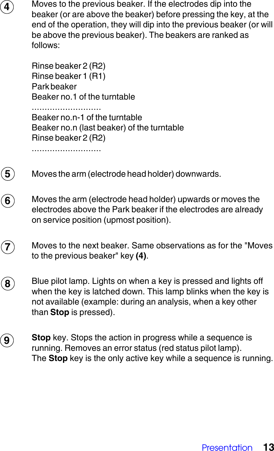 Presentation 13Moves to the previous beaker. If the electrodes dip into thebeaker (or are above the beaker) before pressing the key, at theend of the operation, they will dip into the previous beaker (or willbe above the previous beaker). The beakers are ranked asfollows:Rinse beaker 2 (R2)Rinse beaker 1 (R1)Park beakerBeaker no.1 of the turntable...........................Beaker no.n-1 of the turntableBeaker no.n (last beaker) of the turntableRinse beaker 2 (R2)...........................Moves the arm (electrode head holder) downwards.Moves the arm (electrode head holder) upwards or moves theelectrodes above the Park beaker if the electrodes are alreadyon service position (upmost position).Moves to the next beaker. Same observations as for the "Movesto the previous beaker" key (4).Blue pilot lamp. Lights on when a key is pressed and lights offwhen the key is latched down. This lamp blinks when the key isnot available (example: during an analysis, when a key otherthan Stop is pressed).Stop key. Stops the action in progress while a sequence isrunning. Removes an error status (red status pilot lamp).The Stop key is the only active key while a sequence is running.945678