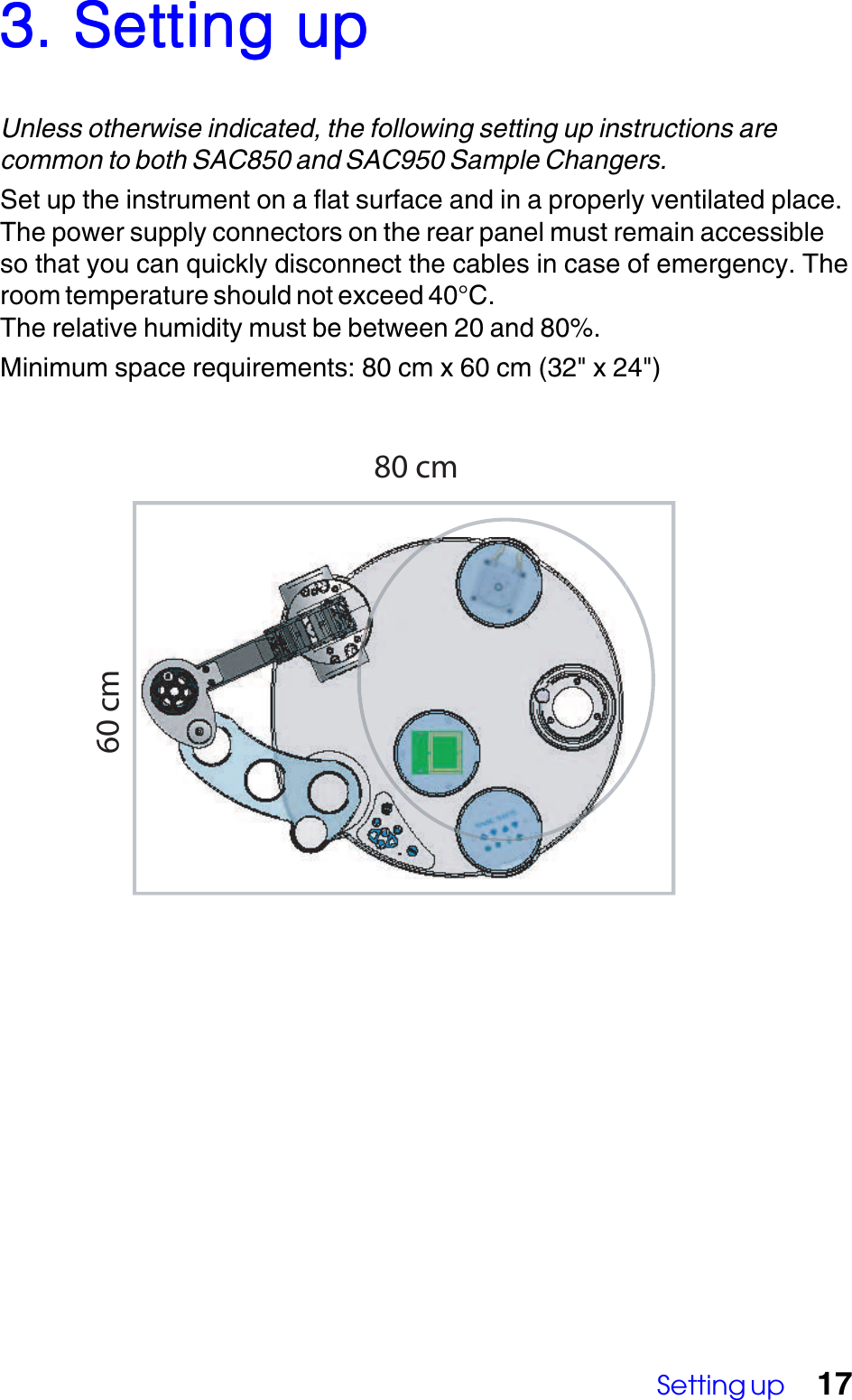 Setting up 173. Setting up3. Setting up3. Setting up3. Setting up3. Setting upUnless otherwise indicated, the following setting up instructions arecommon to both SAC850 and SAC950 Sample Changers.Set up the instrument on a flat surface and in a properly ventilated place.The power supply connectors on the rear panel must remain accessibleso that you can quickly disconnect the cables in case of emergency. Theroom temperature should not exceed 40&deg;C.The relative humidity must be between 20 and 80%.Minimum space requirements: 80 cm x 60 cm (32" x 24")80 cm60 cm