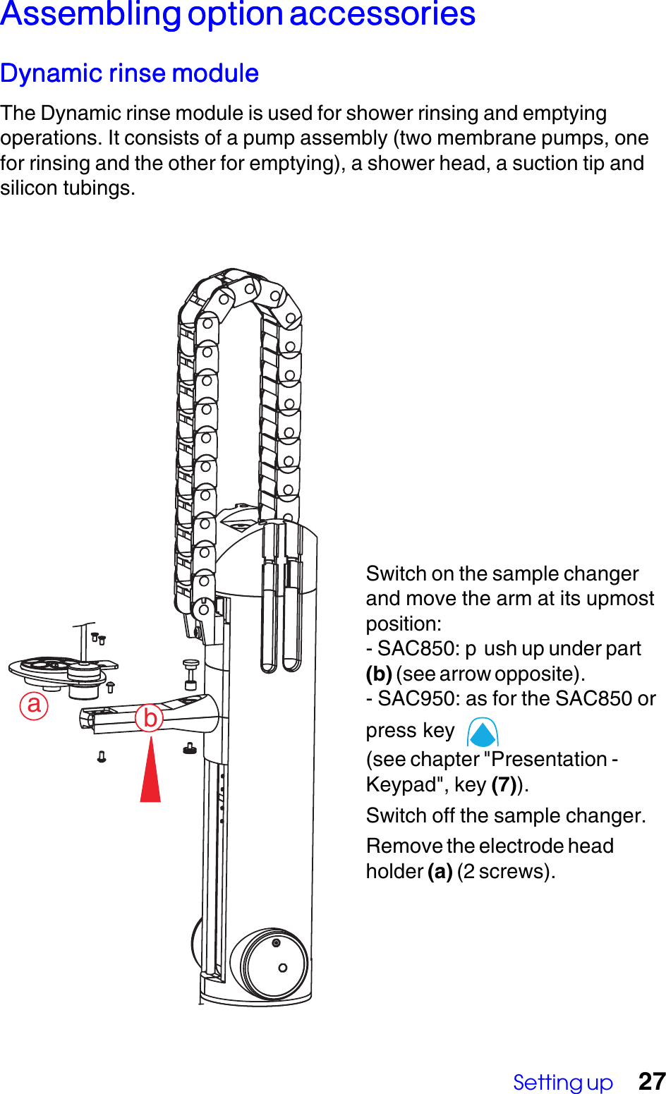 Setting up 27abSwitch on the sample changerand move the arm at its upmostposition:- SAC850: p ush up under part(b) (see arrow opposite).- SAC950: as for the SAC850 orpress key  (see chapter "Presentation -Keypad", key (7)).Switch off the sample changer.Remove the electrode headholder (a) (2 screws).Assembling option accessoriesAssembling option accessoriesAssembling option accessoriesAssembling option accessoriesAssembling option accessoriesDynamic rinse moduleDynamic rinse moduleDynamic rinse moduleDynamic rinse moduleDynamic rinse moduleThe Dynamic rinse module is used for shower rinsing and emptyingoperations. It consists of a pump assembly (two membrane pumps, onefor rinsing and the other for emptying), a shower head, a suction tip andsilicon tubings.