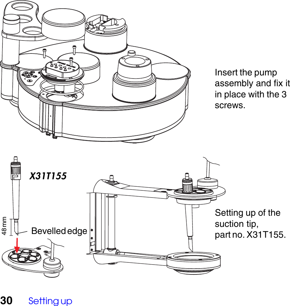 30 Setting upSetting up of thesuction tip,part no. X31T155.Insert the pumpassembly and fix itin place with the 3screws.Bevelled edgeX31T15548 mm
