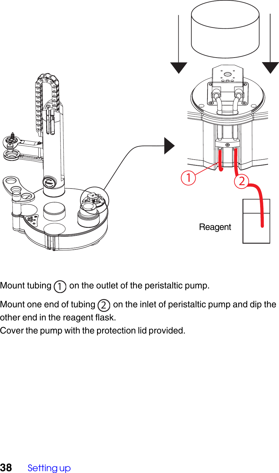 38 Setting up12Mount tubing  1 on the outlet of the peristaltic pump.Mount one end of tubing  2 on the inlet of peristaltic pump and dip theother end in the reagent flask.Cover the pump with the protection lid provided.Reagent
